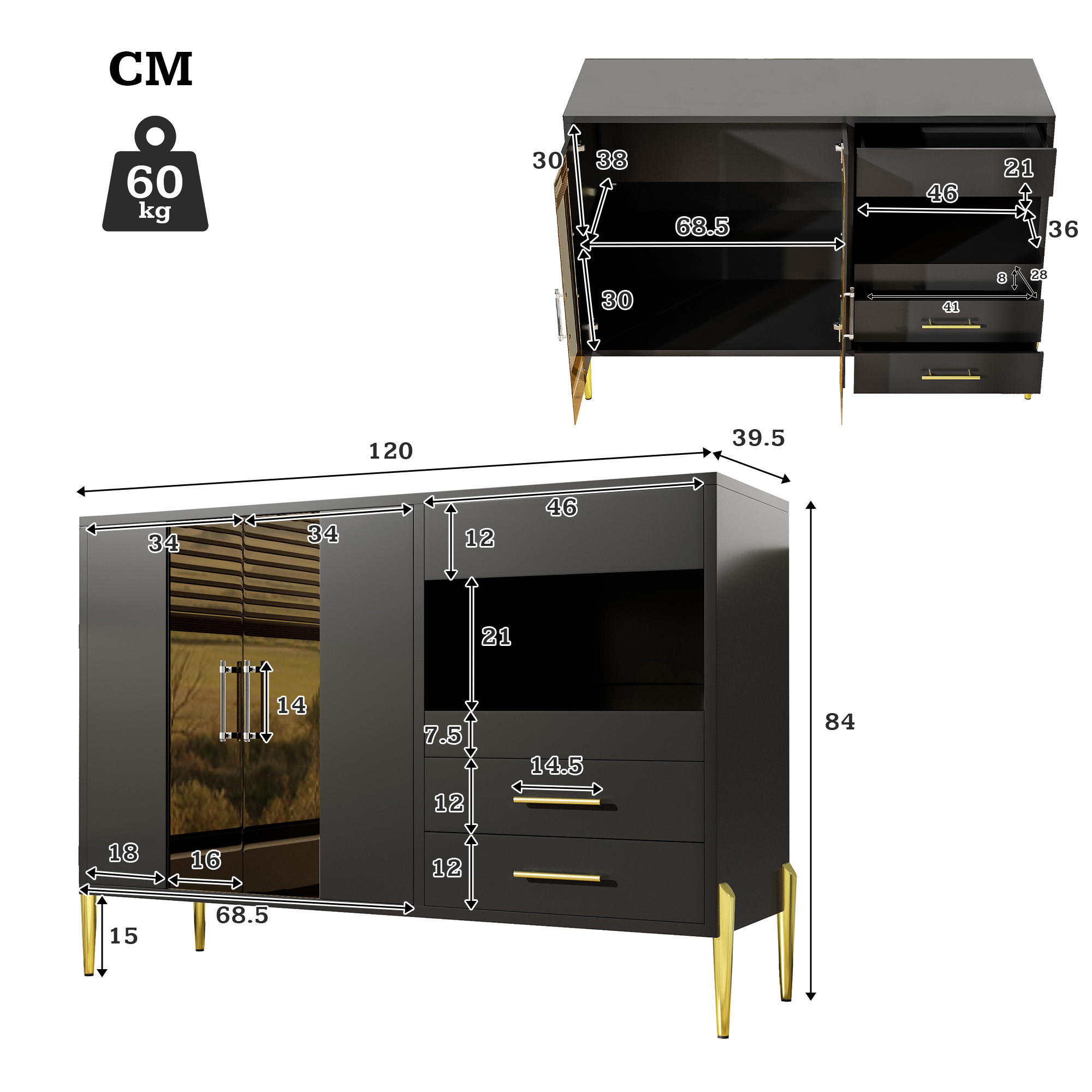 SIDEBOARD Schwarz 120/39.5/84 cm - Schwarz, Glas/Holzwerkstoff (39.5/84/120cm) - Urban Meuble