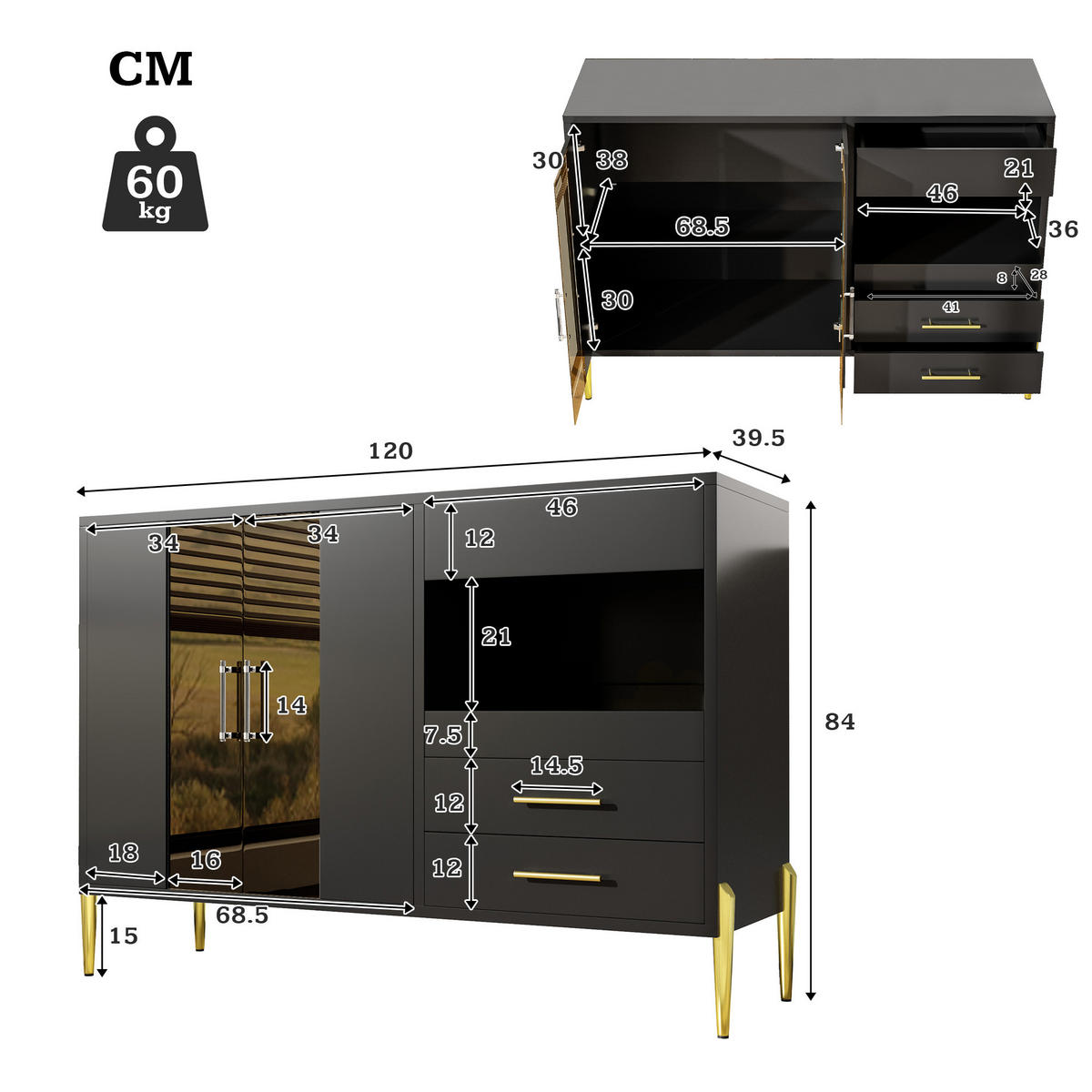 SIDEBOARD Schwarz 120/39.5/84 cm - Schwarz, Glas/Holzwerkstoff (39.5/84/120cm) - Urban Meuble