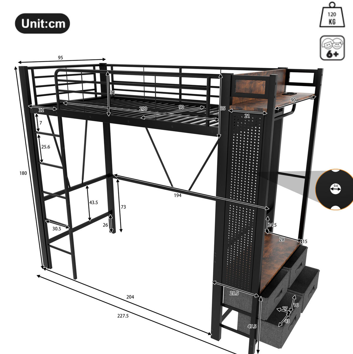 HOCHBETT aus Metall und MDF 90x200 cm Schwarz mit LED-Leiste, USB-C-Anschluss, 4 Schubladen - Schwarz, Metall (90/200cm) - IVMEU