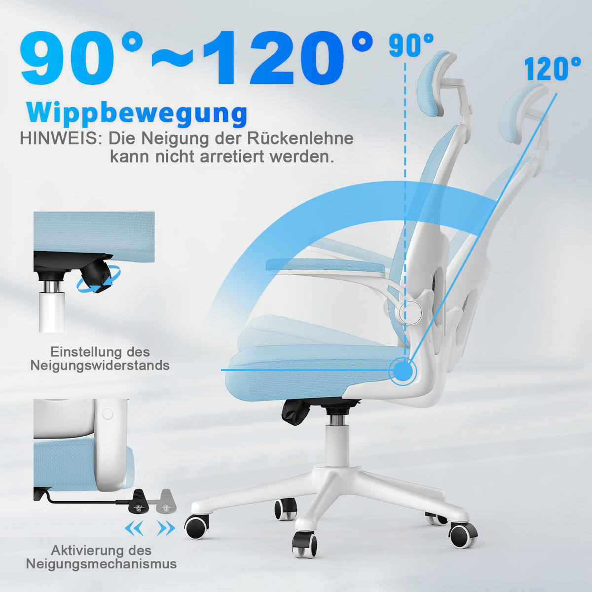 BÜROSTUHL ergonomisch, höhenverstellbar, klappbare Armlehnen, Kopfstütze – Blau - Blau, Metall (50.5/134/52cm) - Rattantree