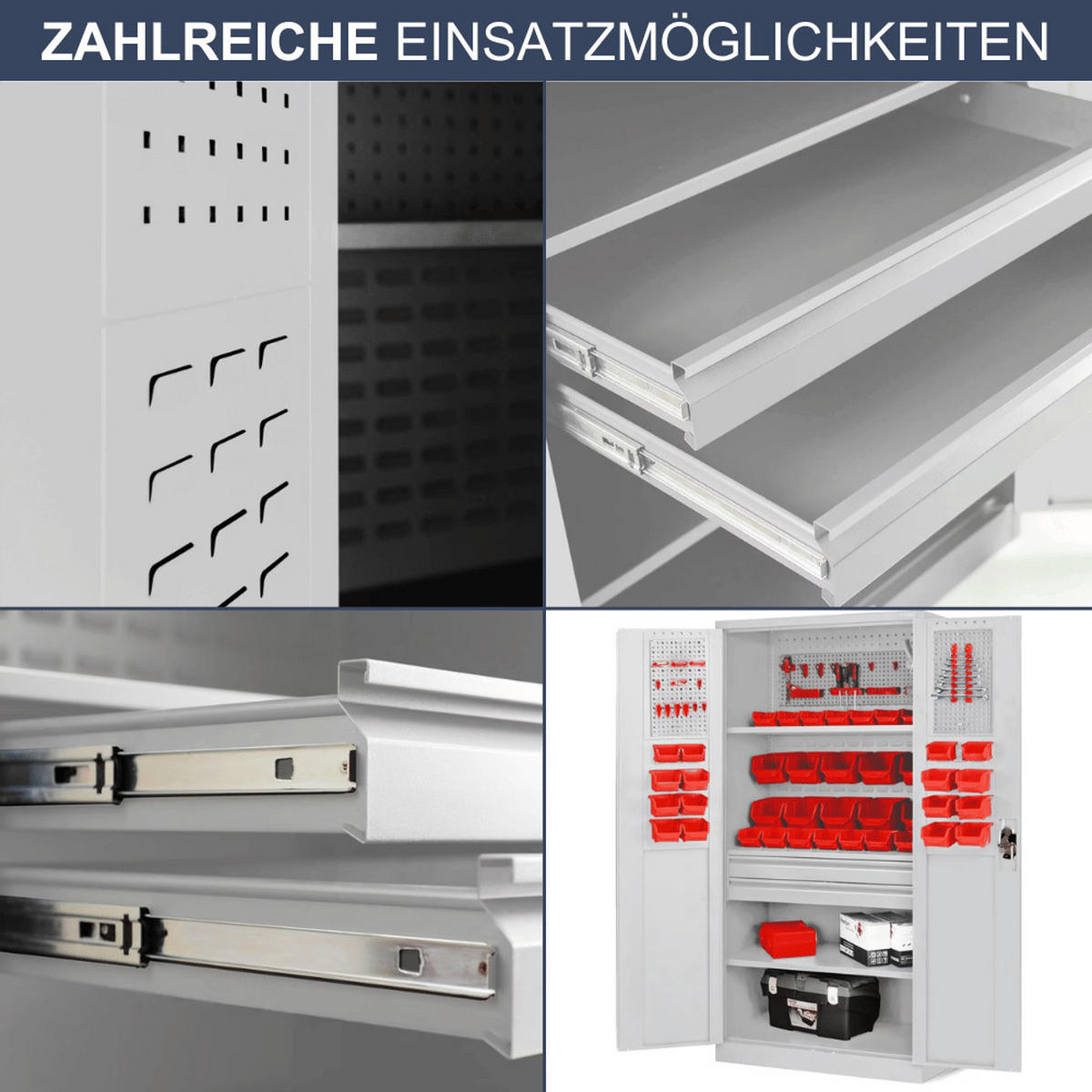 WERKZEUGSCHRANK mit Lochwand AESO 185x92x50cm Grau - Grau, Metall (92/185/50cm) - DELUKE