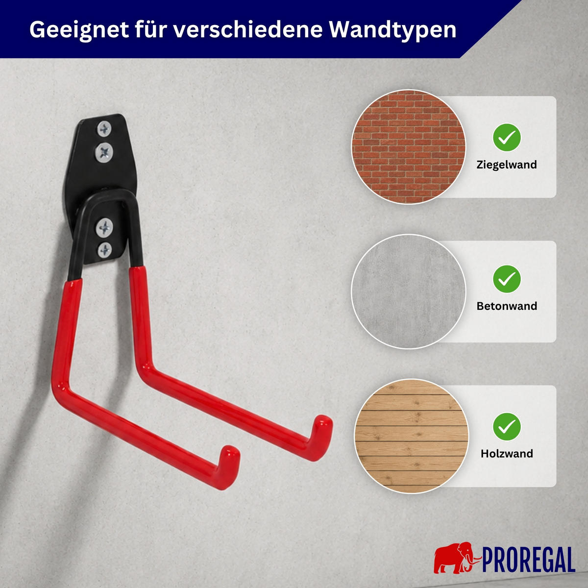 WANDHAKEN für Garage GRIT 18-teiliges Set Rot Gerätehaken Platzsparende Aufbewahrung - Rot, Metall (19/2.5/16cm) - PROREGAL
