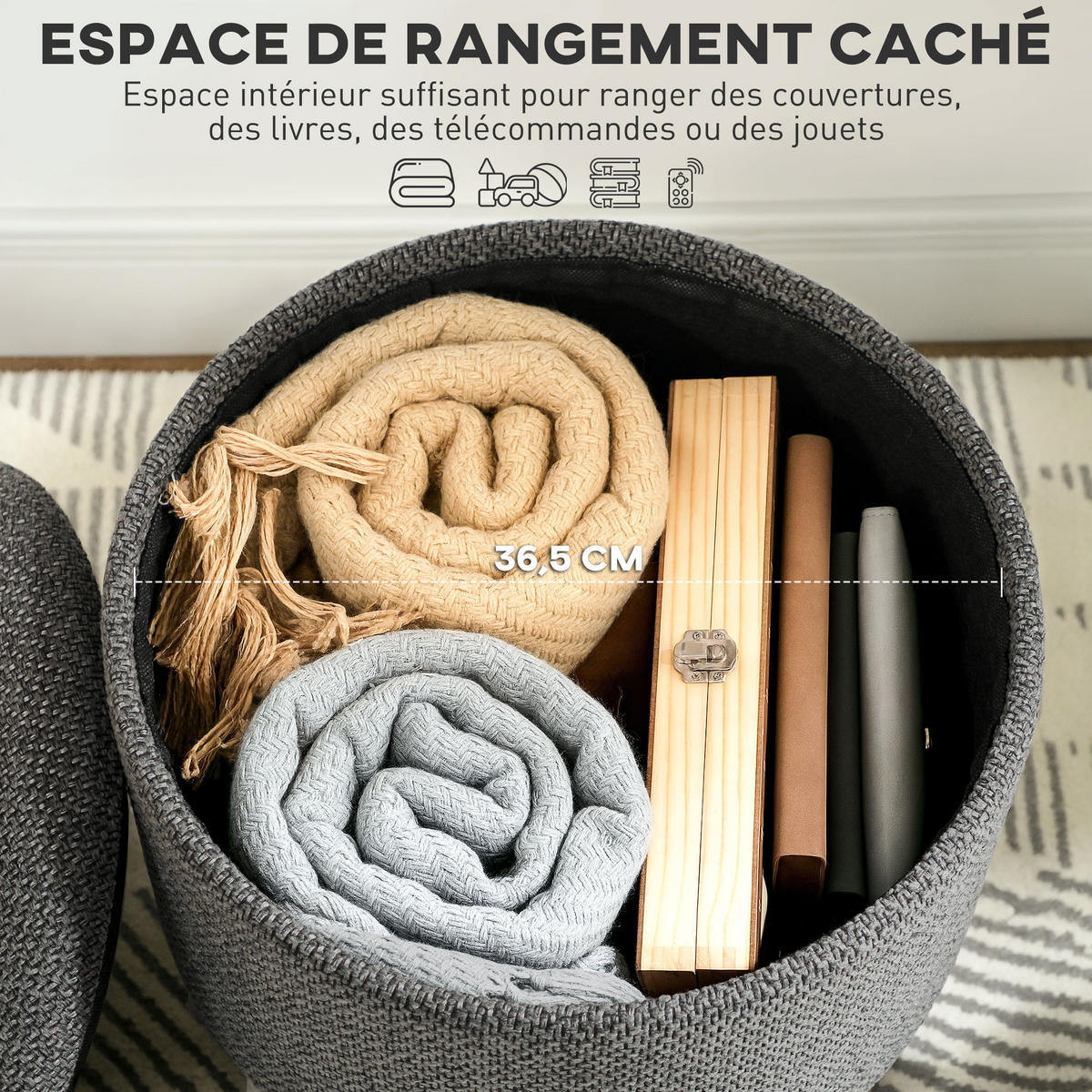POUF DE-16378 runder Sitzhocker mit Stauraum und Holzbeinen Grau - Grau, Textil (39/40/39cm) - ComfortXL
