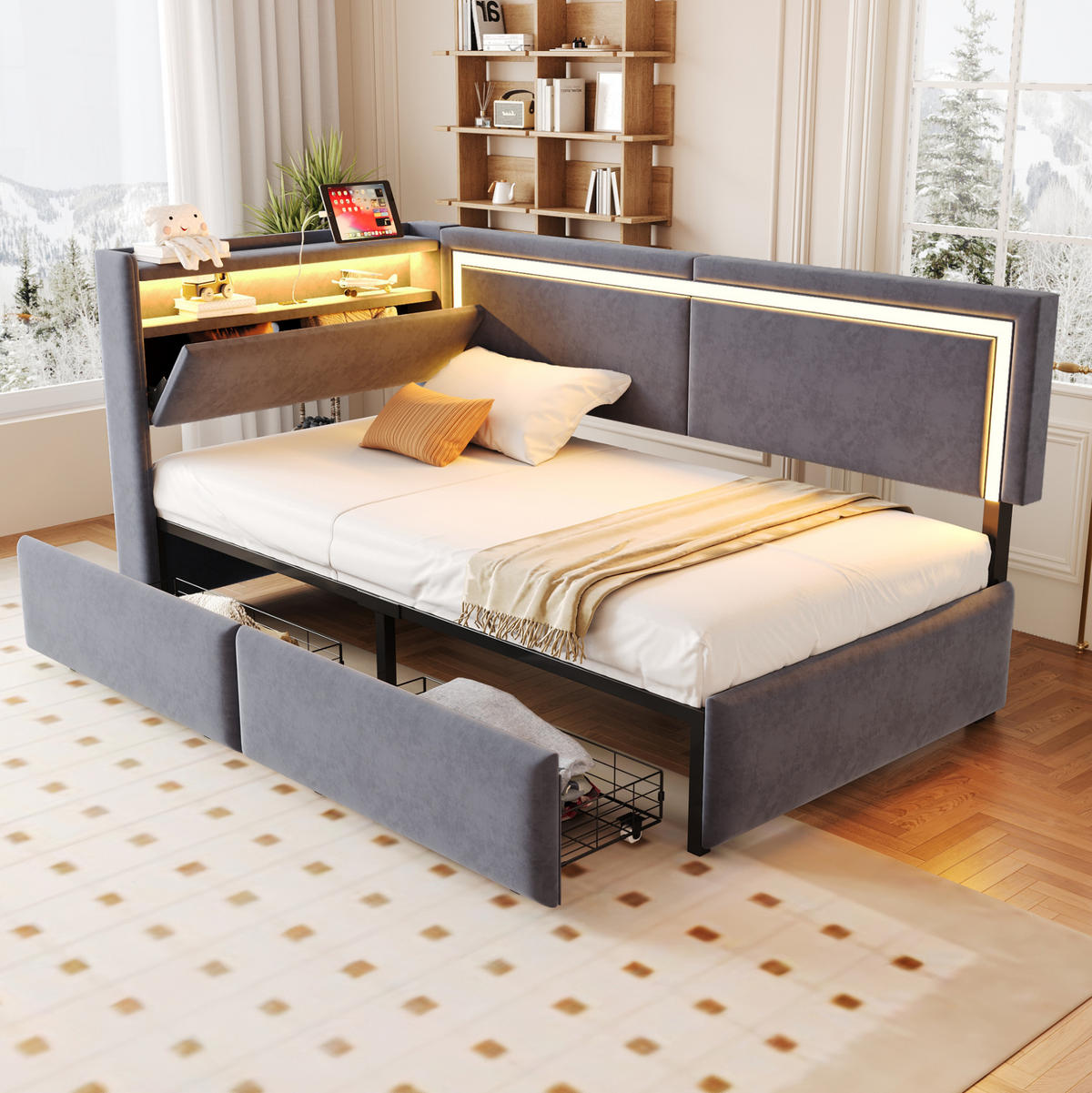 POLSTERBETT 90/200 cm aus Samt mit LED-Beleuchtung, USB-Anschlüssen und Stauraum - Dunkelgrau, Textil (90/200cm) - Flora Grace