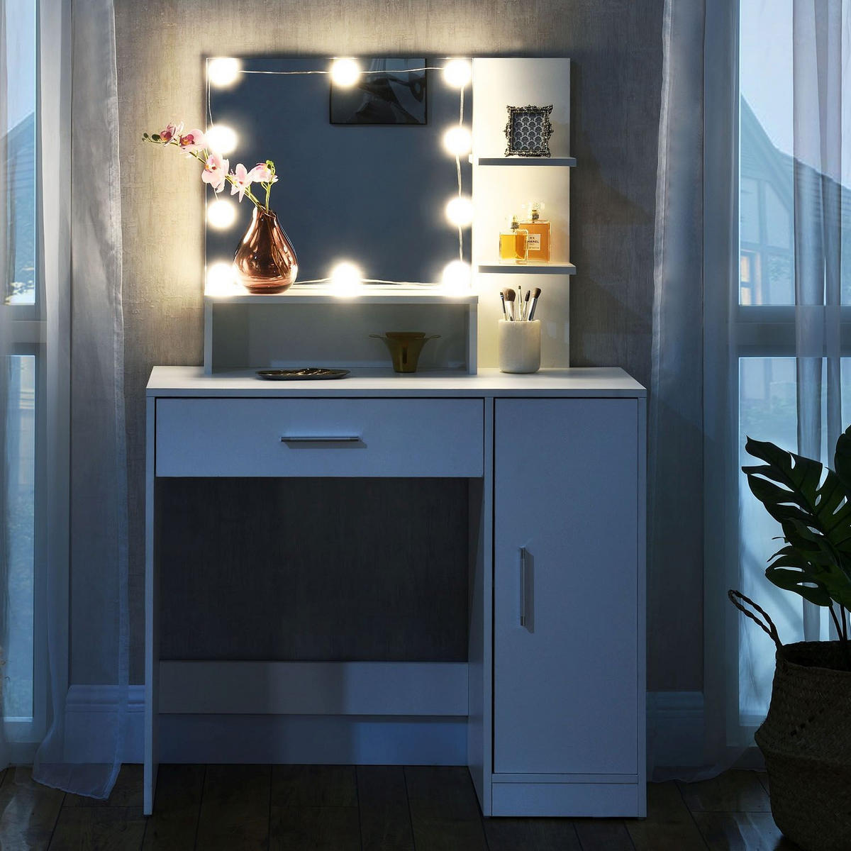 SCHMINKTISCH Zoey mit LED und Schrank - Weiß, Holzwerkstoff (38/137/90cm) - Juskys