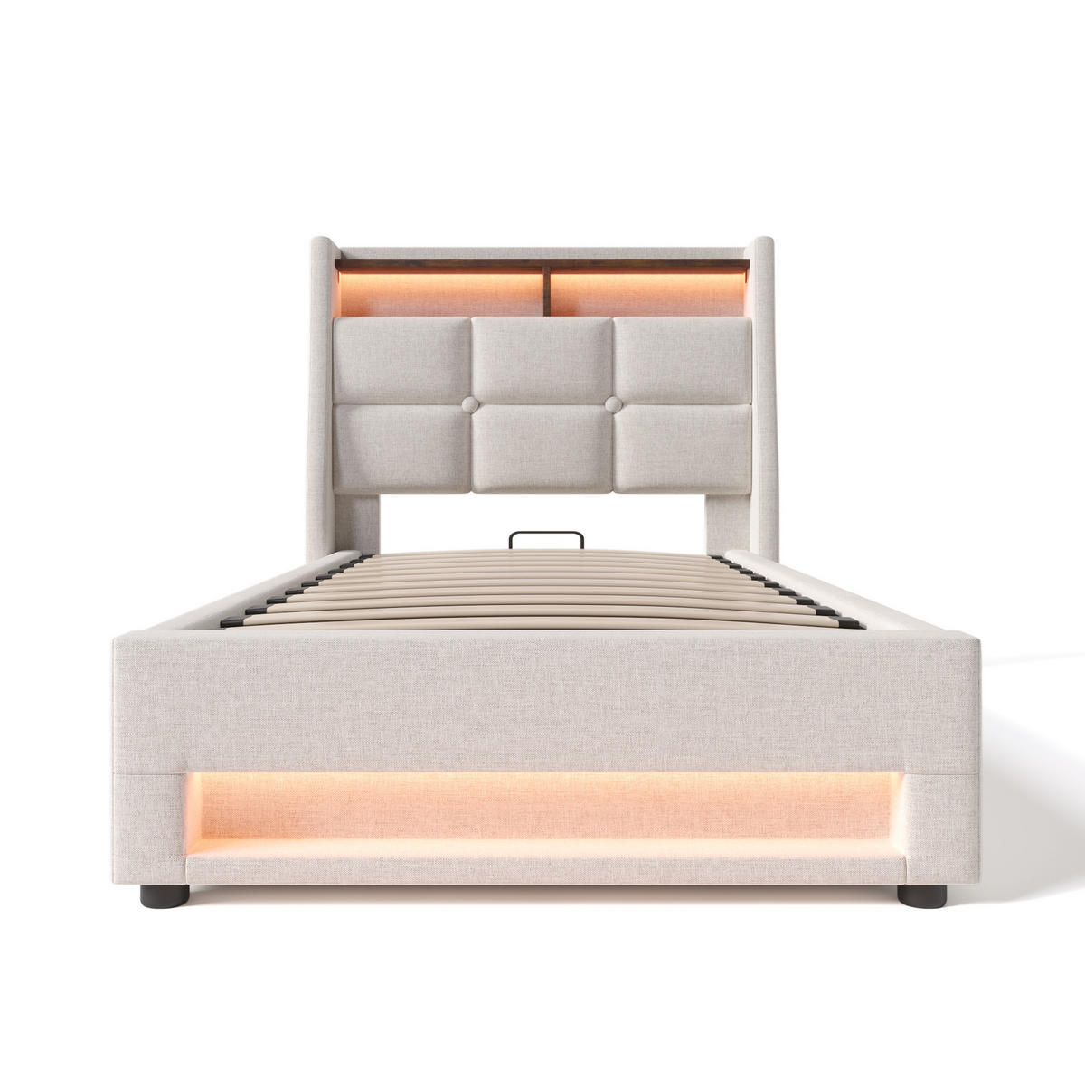 POLSTERBETT 90/200 cm mit LED-Beleuchtung, USB-Anschluss, Bettkasten und Matratze, Beige - Beige, Textil (90/90cm) - Redom