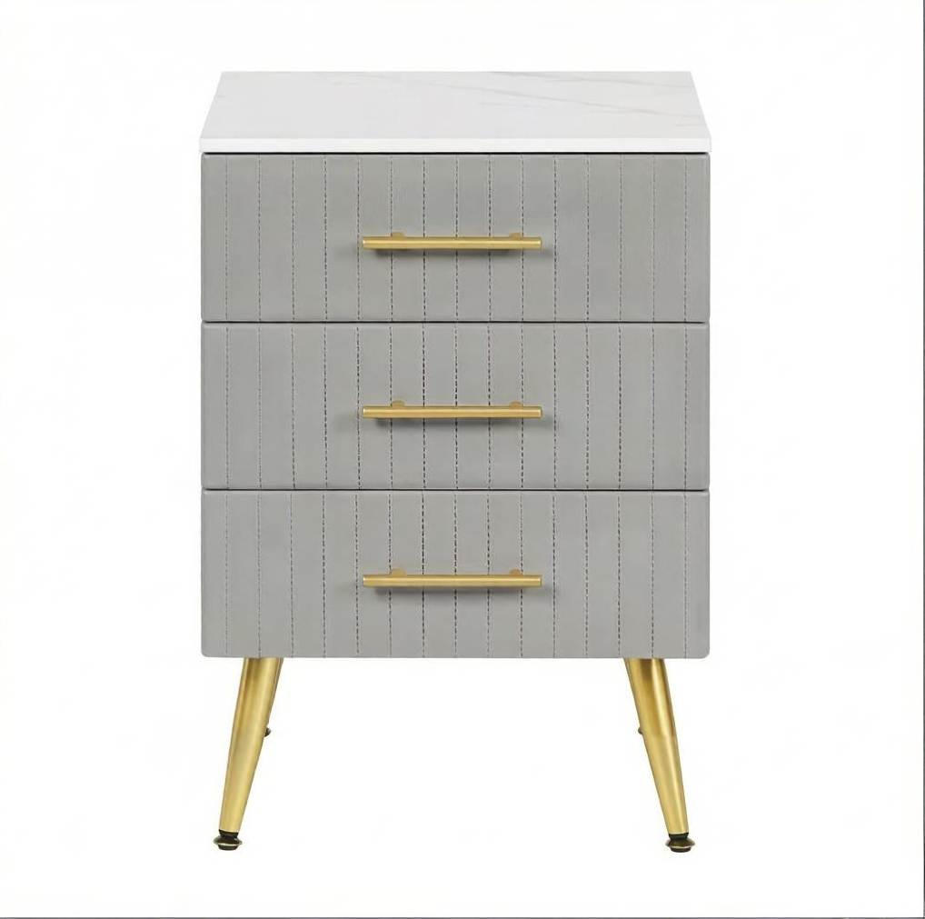 Modfu NOČNÍ stolek z MDF a sametu 40,5x62x41 cm šedý se 3 zásuvkami a kovovými nohami