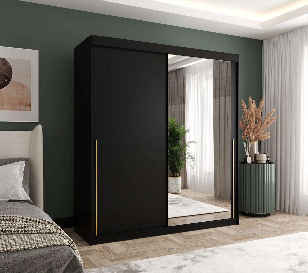 SCHIEBETÜRENSCHRANK mit Spiegel 180 cm Breite, Schwarz mit goldenem Griff - Goldfarben/Schwarz, Holzwerkstoff (250/200/62cm) - Home Collective