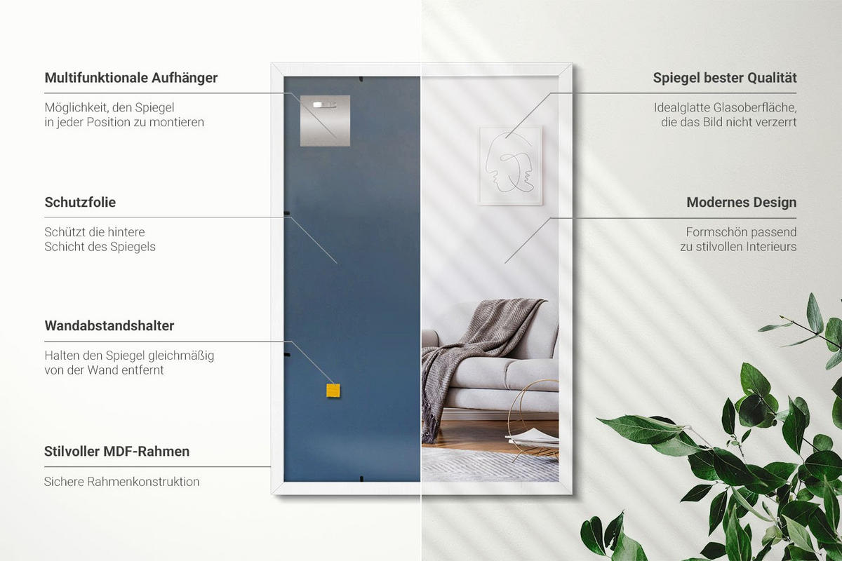 SPIEGEL 100x70cm Weißer Rahmen - Transparent, Glas (100/70/0.4cm) - Wallfluent