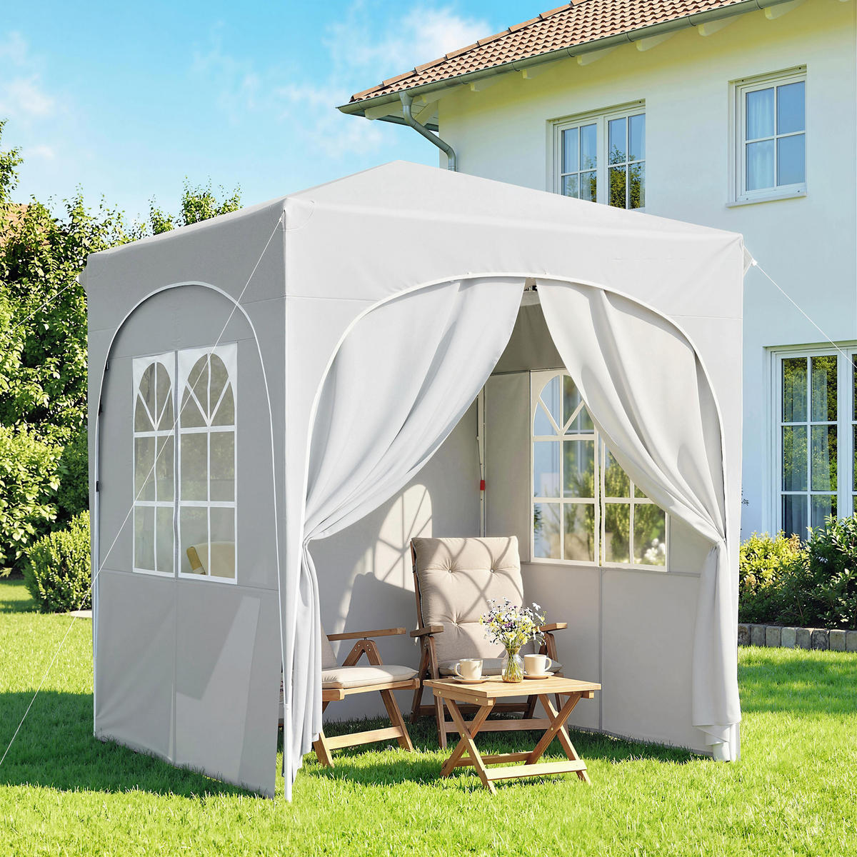 PAVILLON DE-14057 Pop-up 2/2 m, höhenverstellbar, UV50+, 4 Seitenwände Hellgrau - Hellgrau, Metall (203/251/203cm) - ComfortXL