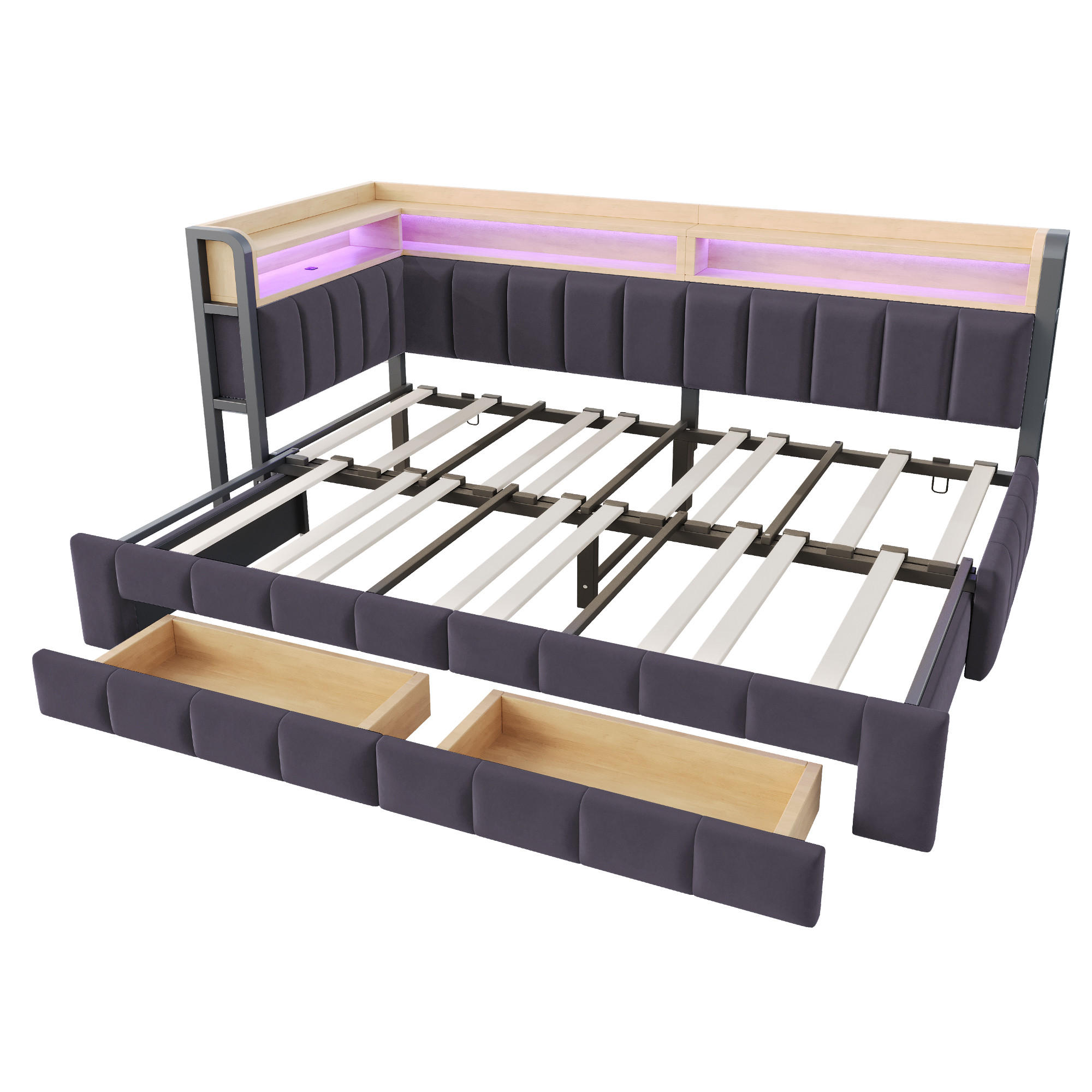 AUSZIEHBETT 90/180/200 cm DE-32703 mit Stauraum und LED Dunkelgrau - Dunkelgrau, Metall (90/200cm) - ComfortXL