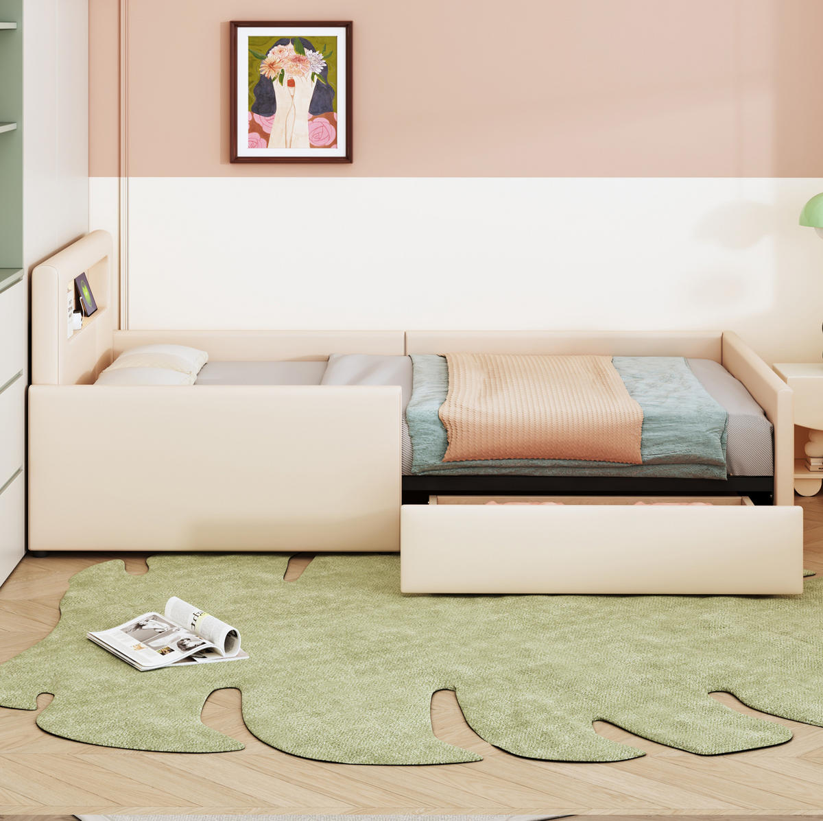 KINDERBETT 90/200 cm mit USB-Anschluss, Nachtlicht, Schubladen und erhöhten Seitenteilen, Kunstleder, Beige - Beige, Textil (90/200cm) - Redom
