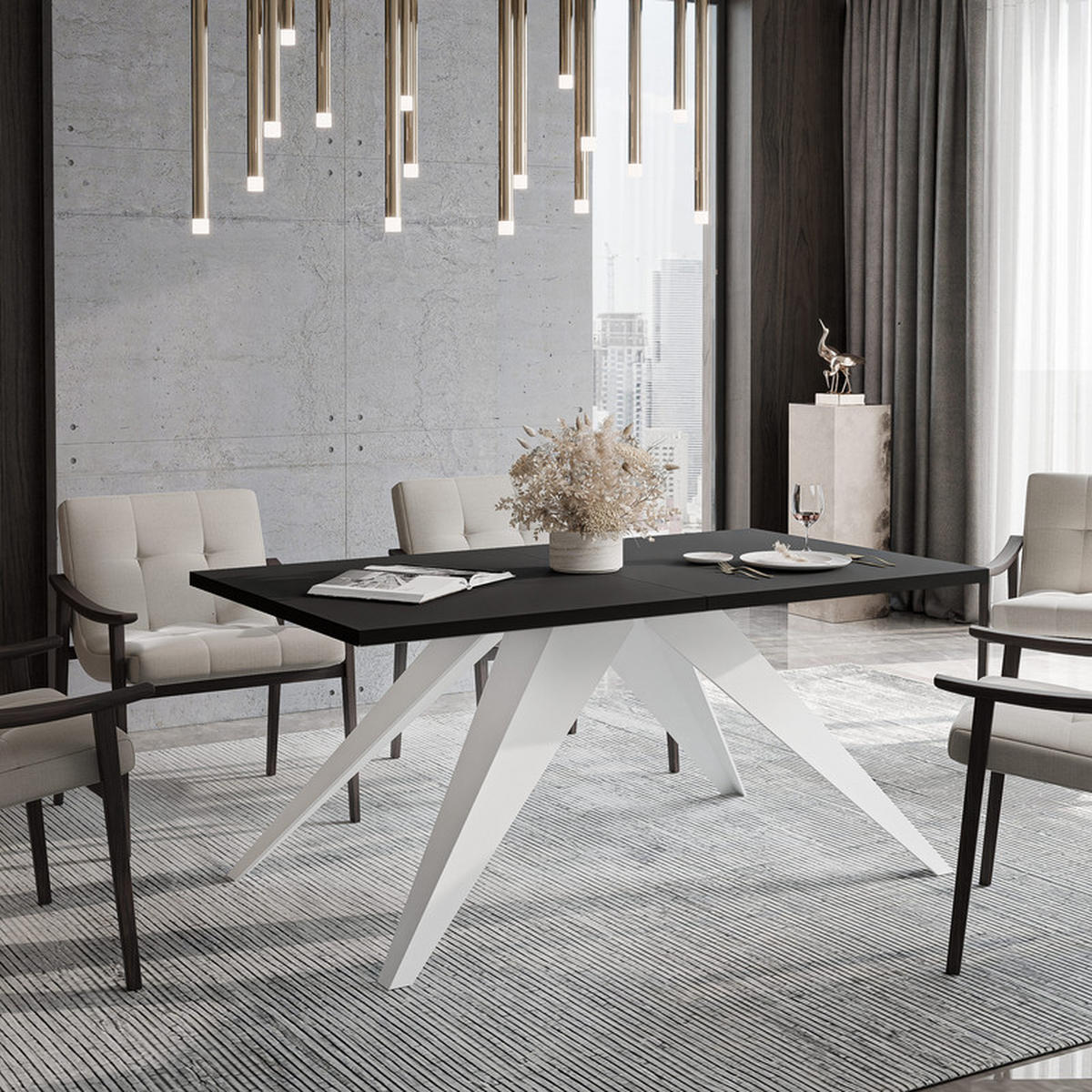 AUSZIEHTISCH XANDRO 160/90/76 cm mit Metallgestell, Weiß / Schwarz - Schwarz/Weiß, Holzwerkstoff/Metall (90/160/76cm) - Idohome