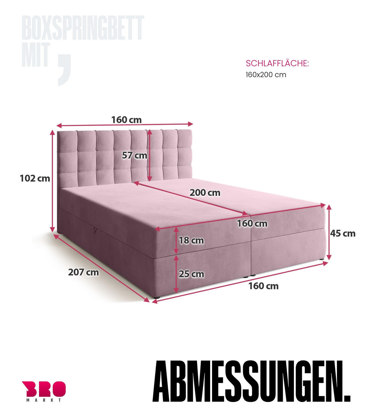 BOXBETT Detroit mit Topper 160/200 Rosa - Rosa, Holzwerkstoff/Textil (160/200cm) - Bromarkt