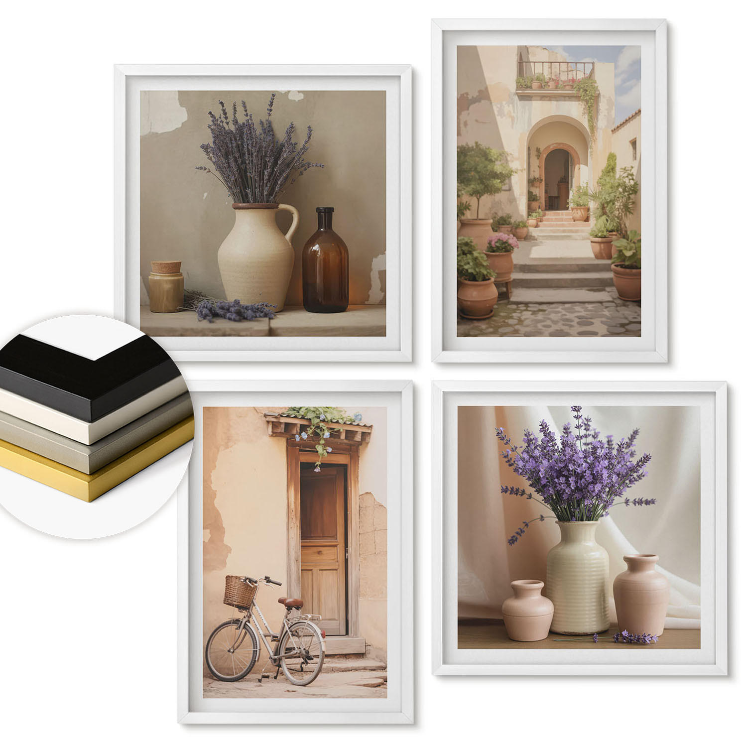 WANDBILDER 4er-Set - 50x50 cm & 40x60 cm Weißer Rahmen - Lavendelblüten und Architektur - Weiß, Kunststoff (50/50cm) - ArtPrintCave