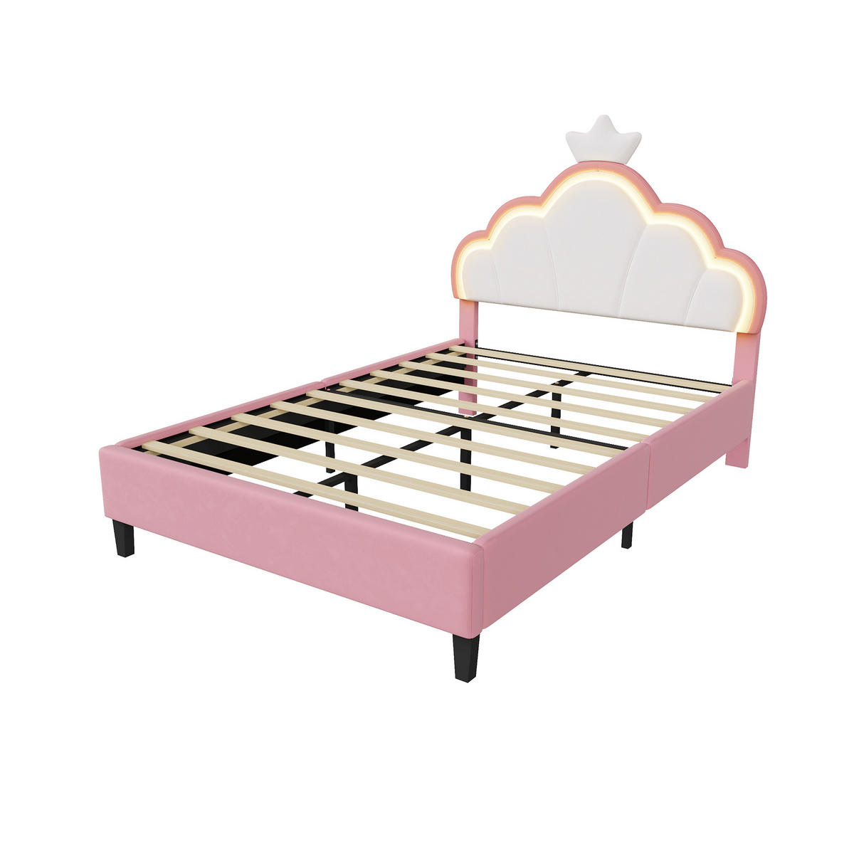 POLSTERBETT 140x190 cm mit höhenverstellbarem Kopfteil & RGB-LED – Doppelbett / Kinderbett für Mädchen, Samt, Rosa - Pink, Holz/Metall (140/190cm) - BursDany