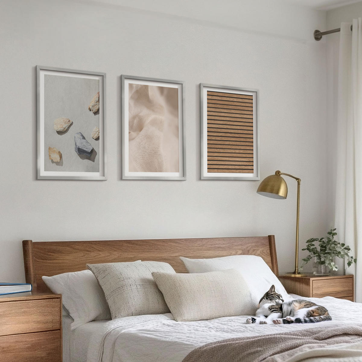 BILDER SET 3er Set - 40x60 cm Silberner Rahmen - Steine, Holz, Stofftexturen - Silberfarben, Kunststoff (40/60cm) - TULUP