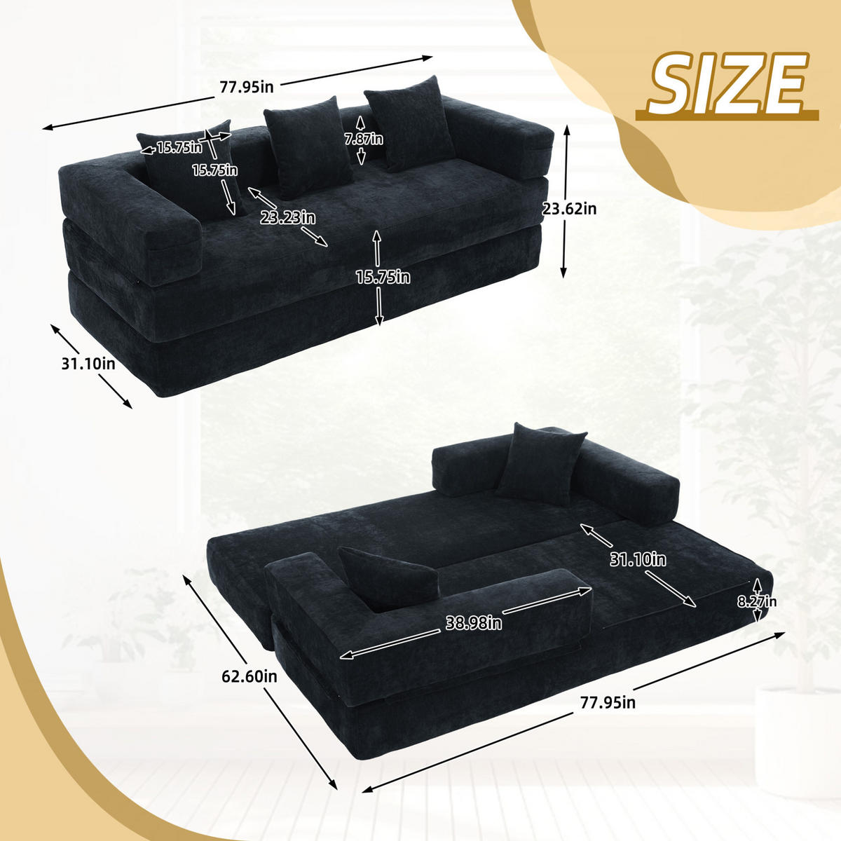 SOFA modular 198 x 79 cm Chenille Black - Schwarz, Kunststoff (31.1/23.62/77.95cm) - Meubliv