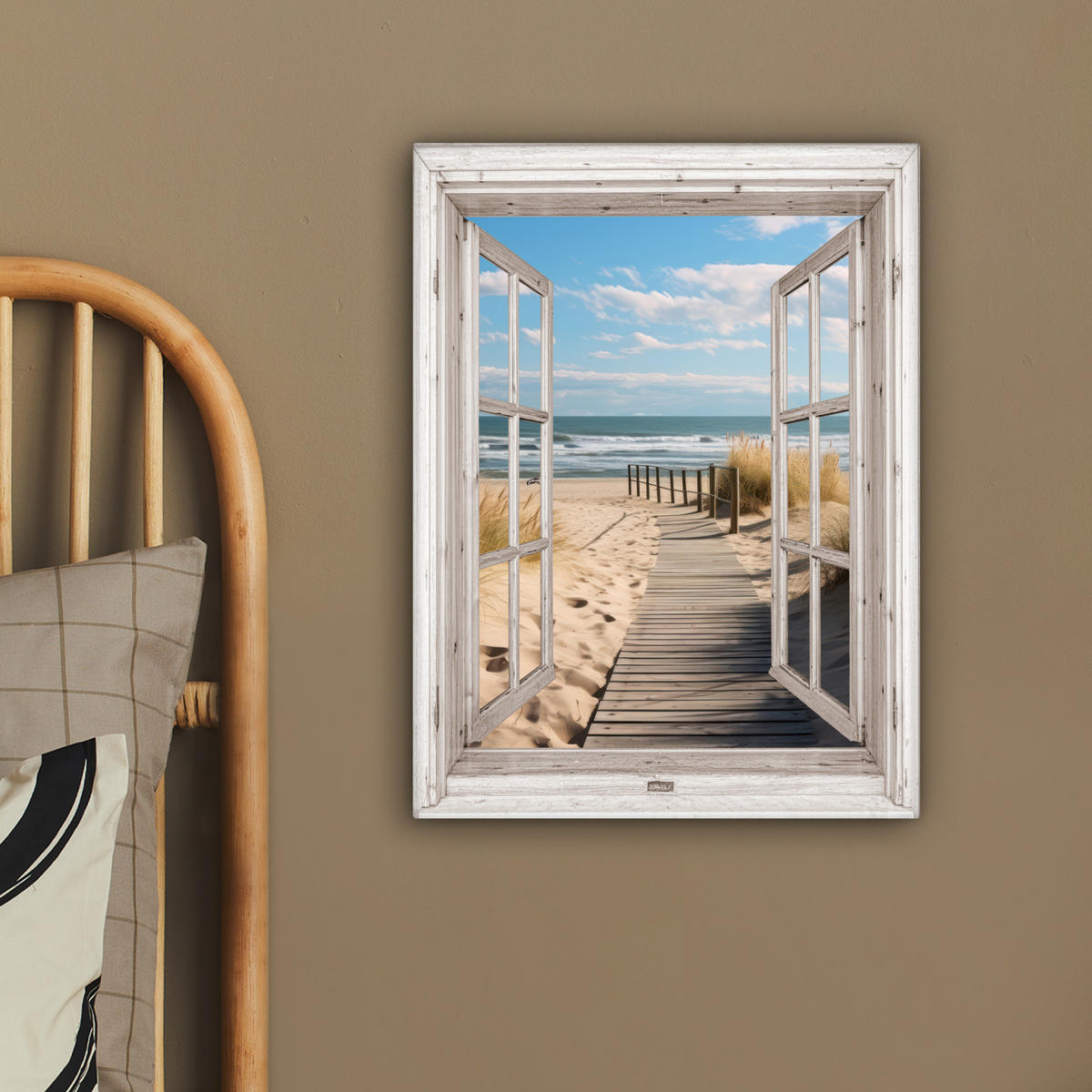 LEINWANDBILD Fenster - Meer - Küste - Natur - Ausblick - Strand - Wattenmeer 30x40 cm - Beige, Textil (30/40cm) - MuchoWow