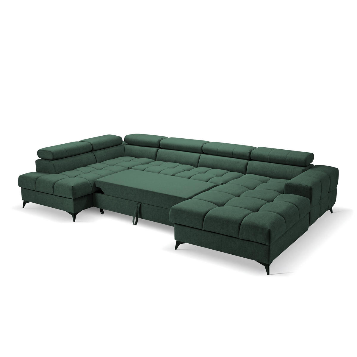 ECKSOFA PUDDING U Rechts mit Schlaffunktion 125x260 Velours Grün - Schwarz/Grün, Holz/Textil (350/203cm) - Muffo