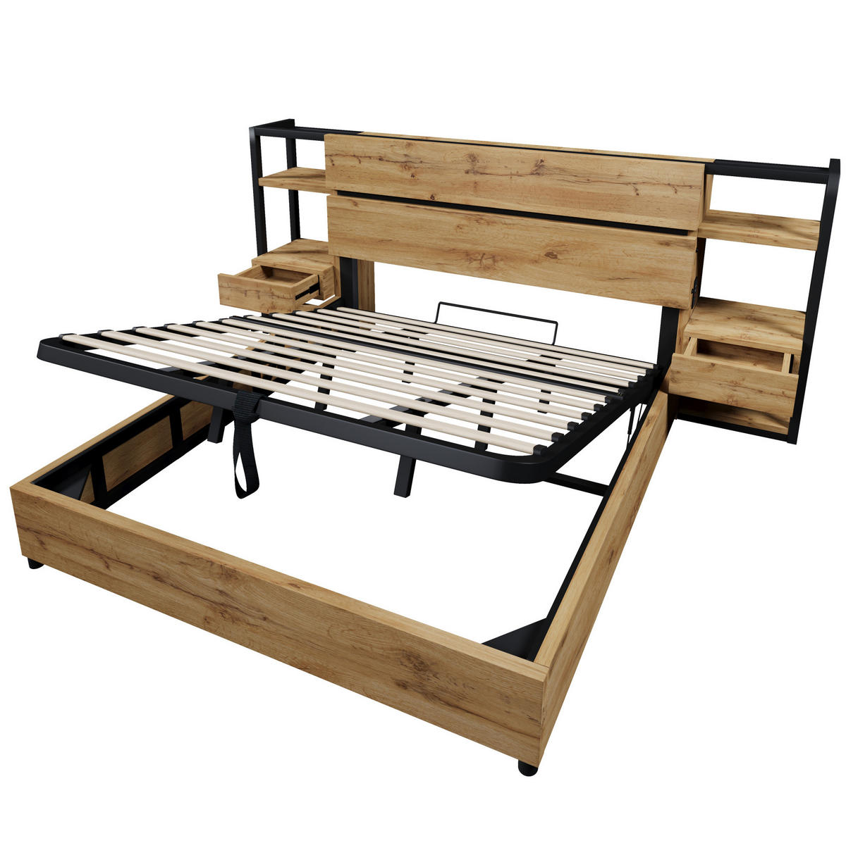 POLSTERBETT 180/200 cm mit USB/Type-C-Ladestation, Bettkasten & Kopfteil-Schubladen, Eiche - Eichefarben, Holzwerkstoff (180/200cm) - Redom