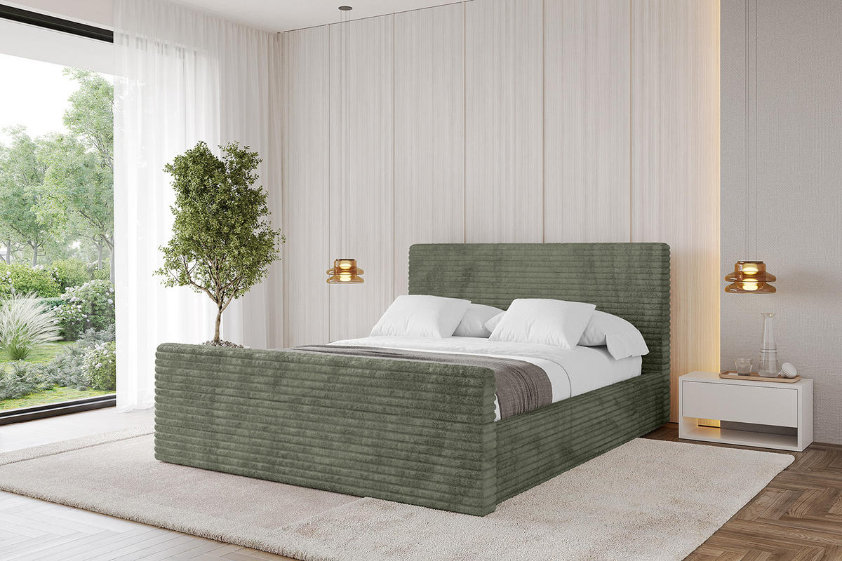 POLSTERBETT mit Bettkasten, Fußteil und Lattenrost, Boxbett ohne Matratze - ALOVA-Z - Olivgrün, Holzwerkstoff/Textil (140/200cm) - ALTDECOR
