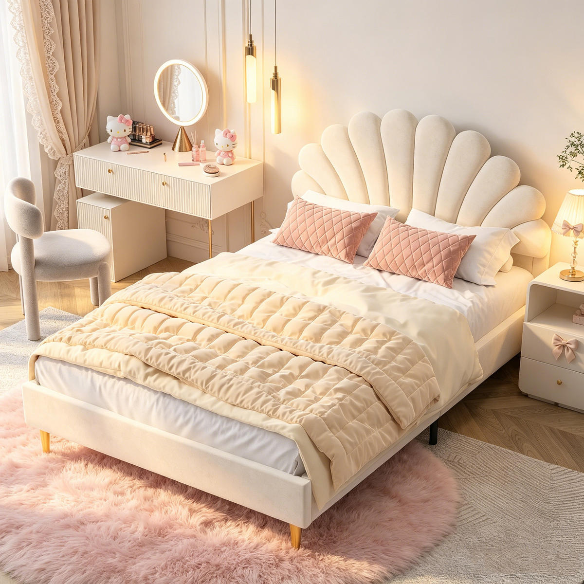 POLSTERBETT 140 x 200, Kinderbett mit Lattenrost, Blütenblattförmiges Kopfteil, Samt, beige - Beige, Holzwerkstoff/Textil (140/200cm) - GENKI LIVING