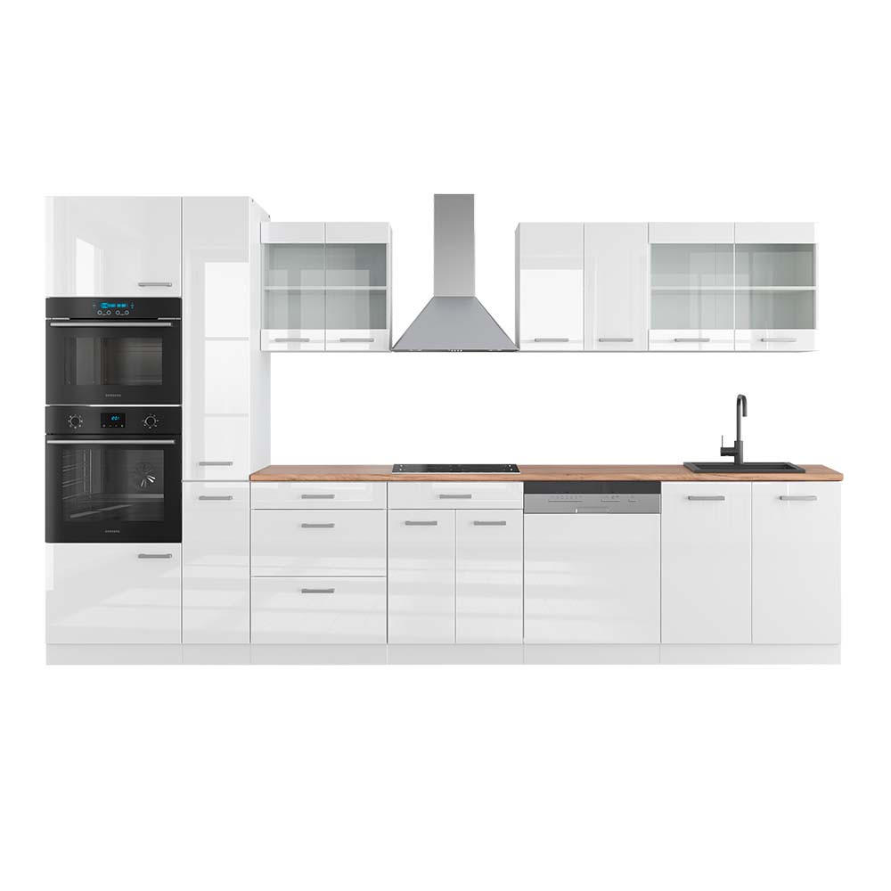 KÜCHENZEILE R-Line Weiß Hochglanz/Weiß 350 cm mit Hochschrank AP Eiche - Weiß Hochglanz/Weiß, Holzwerkstoff (350/81.6/60cm) - Vicco
