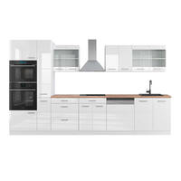 KÜCHENZEILE R-Line Weiß Hochglanz/Weiß 350 cm mit Hochschrank AP Eiche - Weiß Hochglanz/Weiß, Holzwerkstoff (350/81.6/60cm) - Vicco