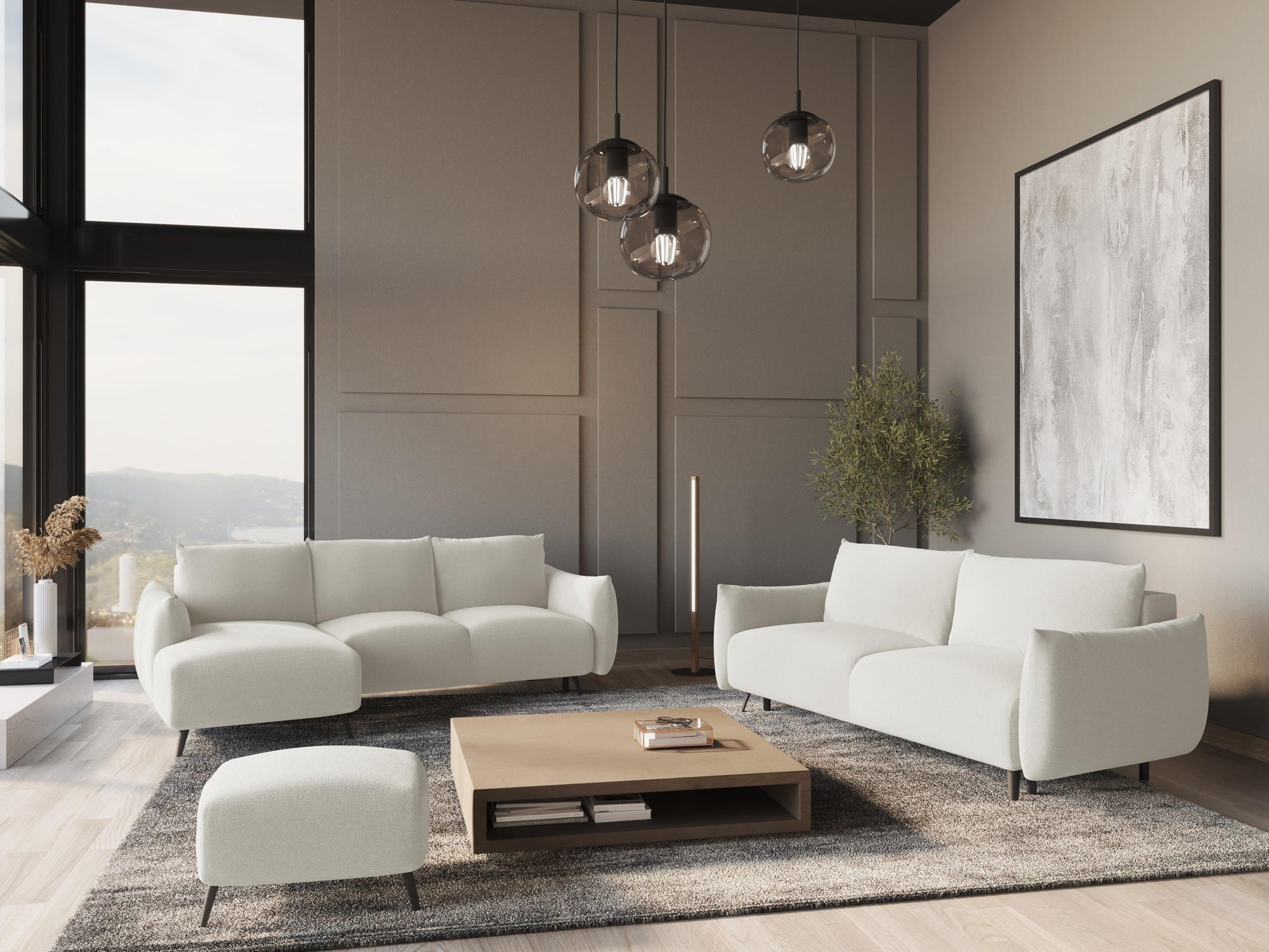 ECKSOFA mit Schlaffunktion Chenille Stoff Weiß - Schwarz/Weiß, Textil/Metall (162/242cm) - Makamii