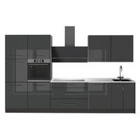 KÜCHENZEILE Fame-Line, Anthrazit Hochglanz/Anthrazit, 340 cm, AP Marmor - Schwarz Hochglanz/Anthrazit, Holzwerkstoff (340/206.8/60cm) - Vicco