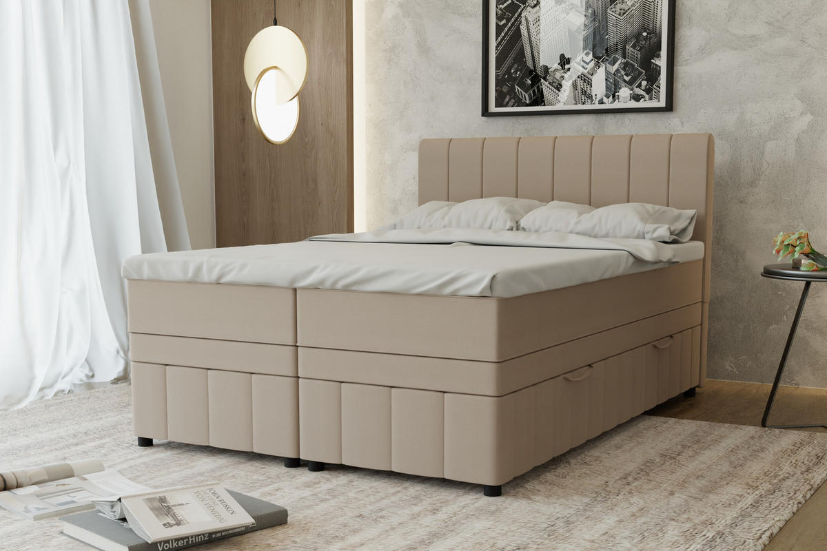 BOXBETT AVALON 140 x 200 cm mit Bettkasten und Topper - Beige - Beige, Holz - Panda Möbel