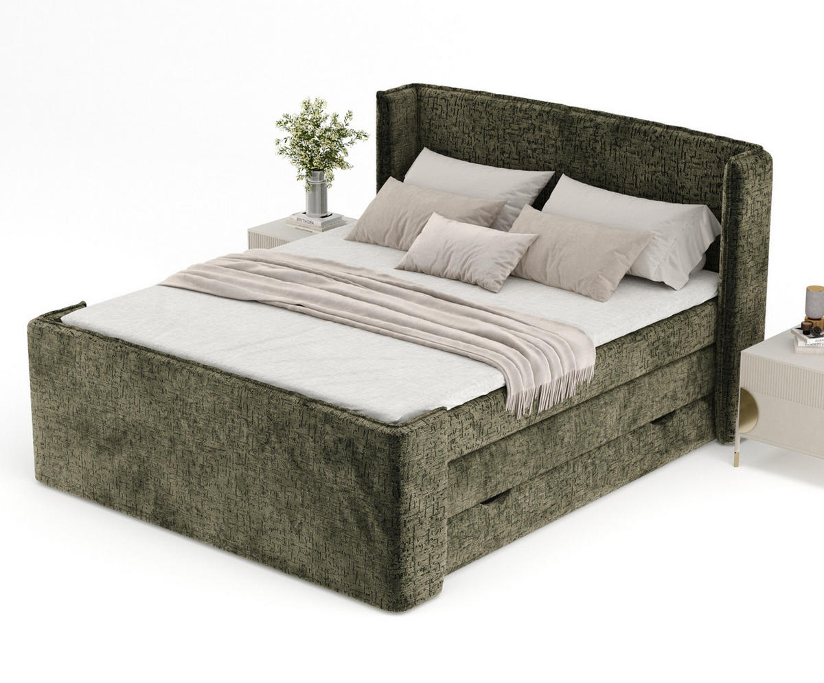 BOXSPRINGBETT Freeland Olivenfarbe 180/200 cm mit Matratze und Topper - Schwarz/Olivgrün, Holz/Holzwerkstoff (180/200cm) - Maison de Reve