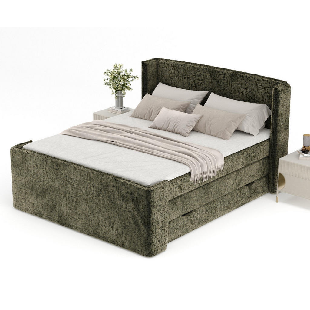 Thumbnail - Maison de Reve Boxspringbett, Olivgrün, Textil, Buche, Kiefer, H3, Höhe ca. 37 cm, 140x200 cm, Oeko-Tex® Standard 100, F...