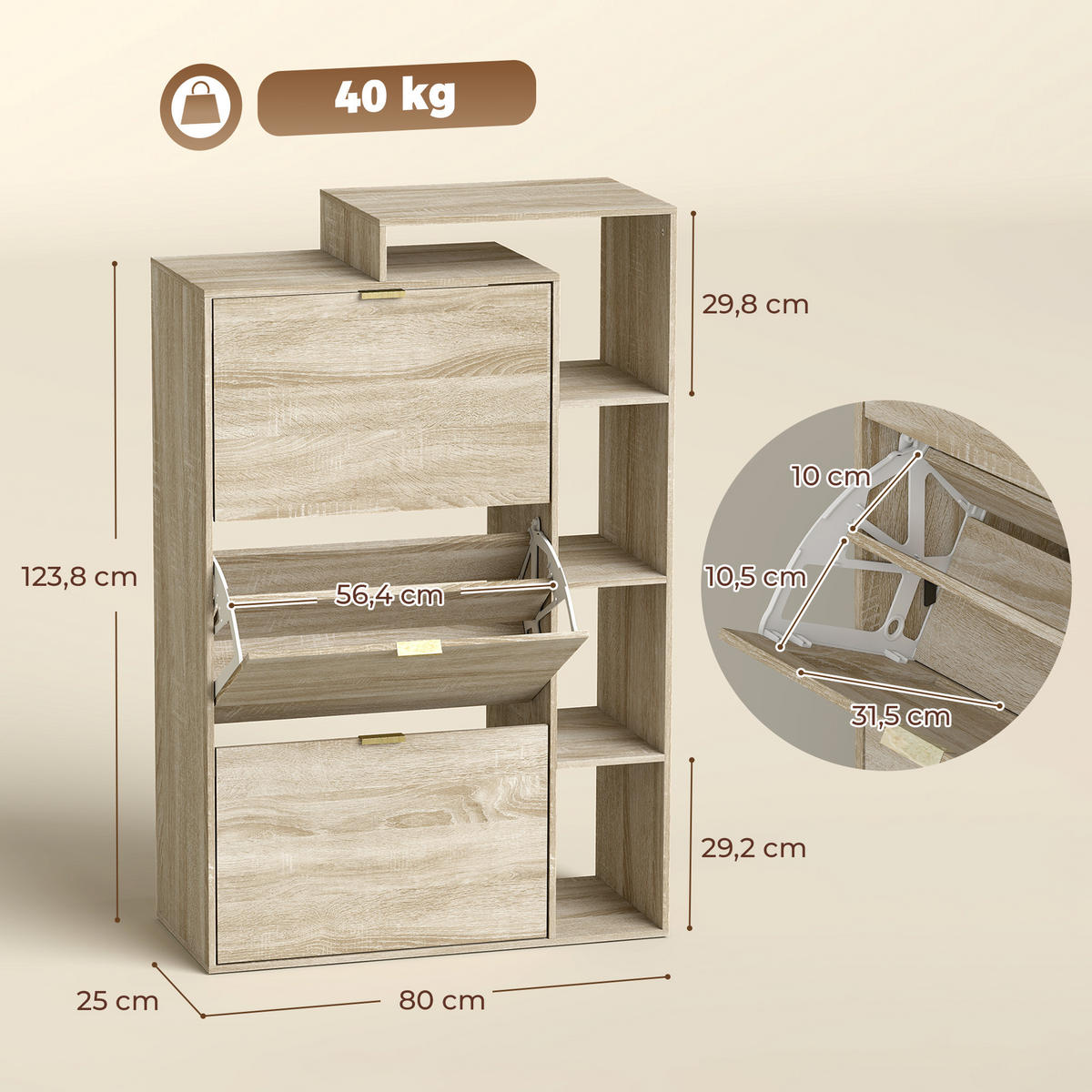 SCHUHSCHRANK MDF Naturholz - Goldfarben/Naturfarben, Holzwerkstoff/Metall (25/123.8/80cm) - HOMCOM