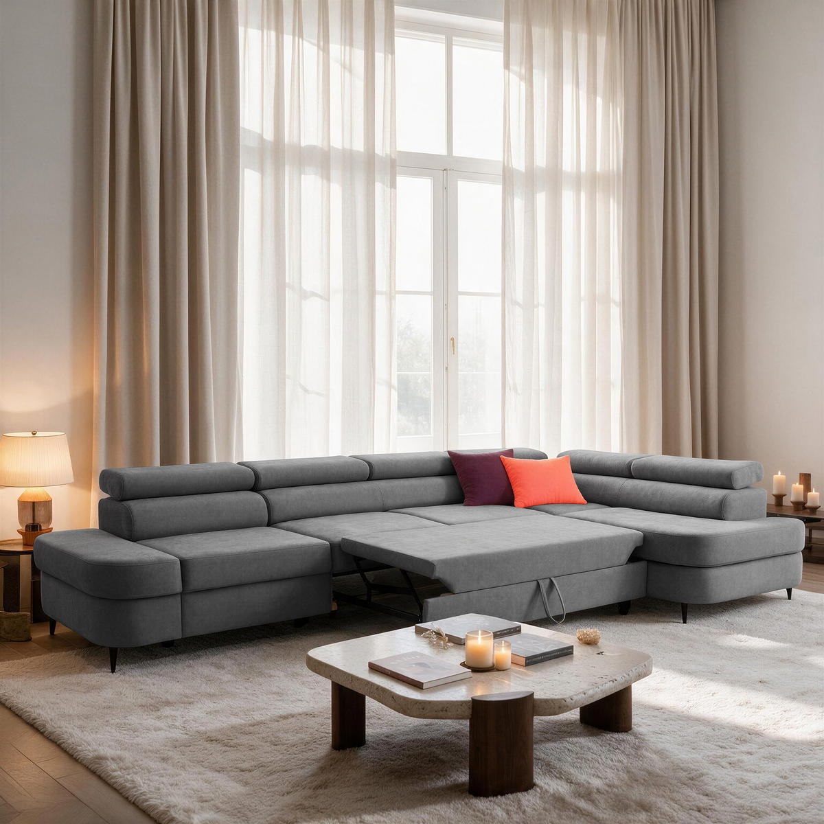 ECKSOFA PRIAM MAXI L-Form Rechts mit Schlaffunktion 125x195 Velours Grau - Schwarz/Grau, Holz/Textil (350/203cm) - Muffo