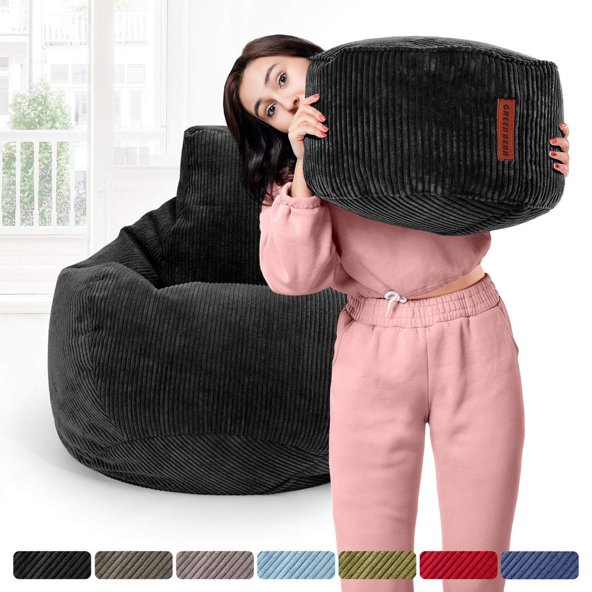 LOUNGE-SITZSACK Cozy + Fußhocker - Schwarz, Textil (80/90/90cm) - Green Bean