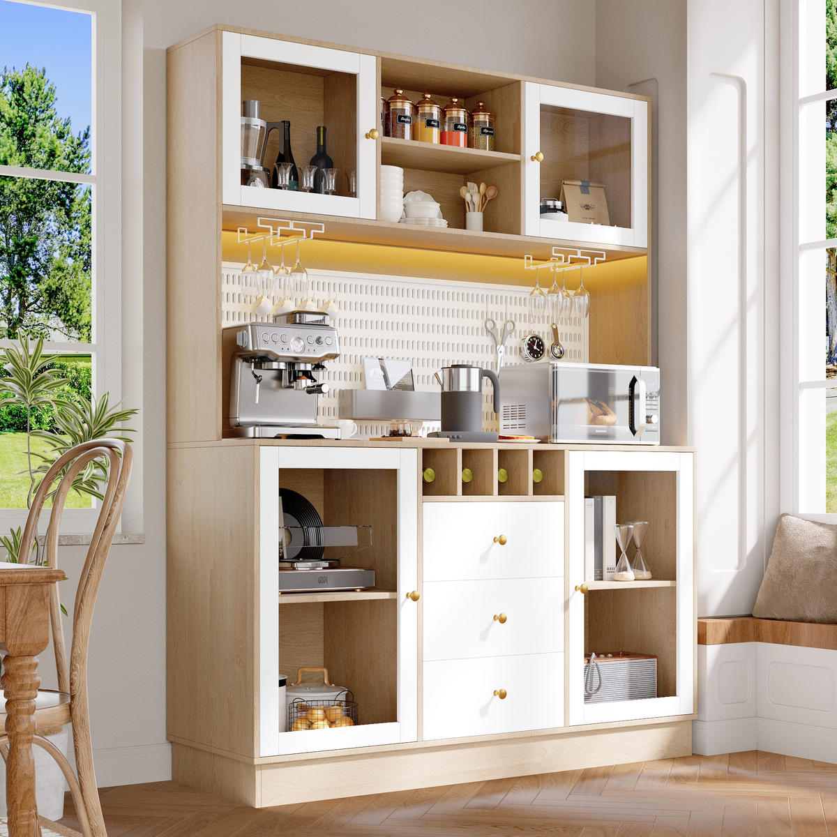 GESCHIRRSCHRANK aus MDF & Glas 140x40x185.7cm in Weiß mit Smart LED - Weiß, Holzwerkstoff (140/185.7/40cm) - Modfu
