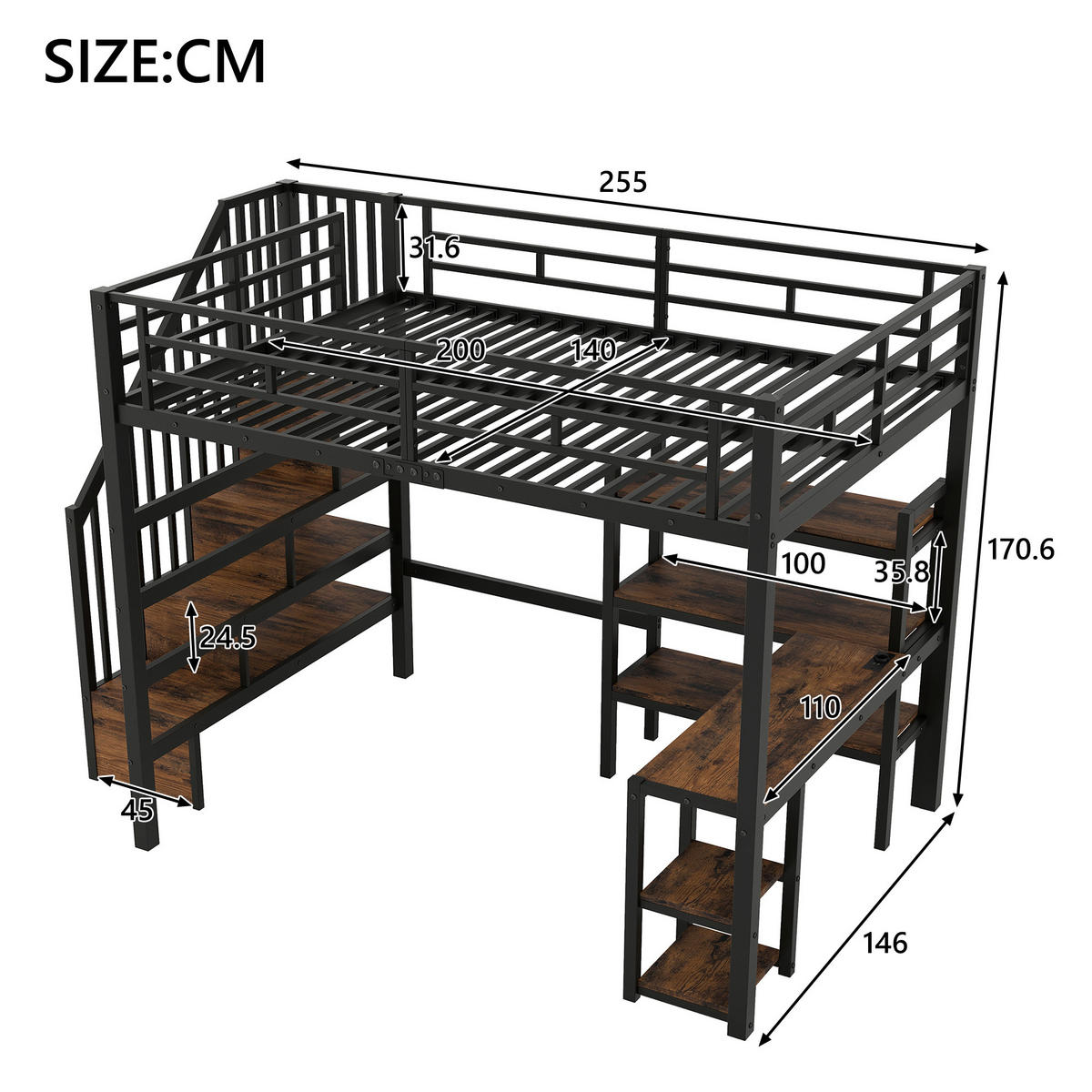 HOCHBETT MDF Metall 140x200 cm Schwarz mit Schreibtisch, Stauraumtreppe, Regal, LED und Ladestation - Schwarz, Holzwerkstoff (140/200cm) - Modfu