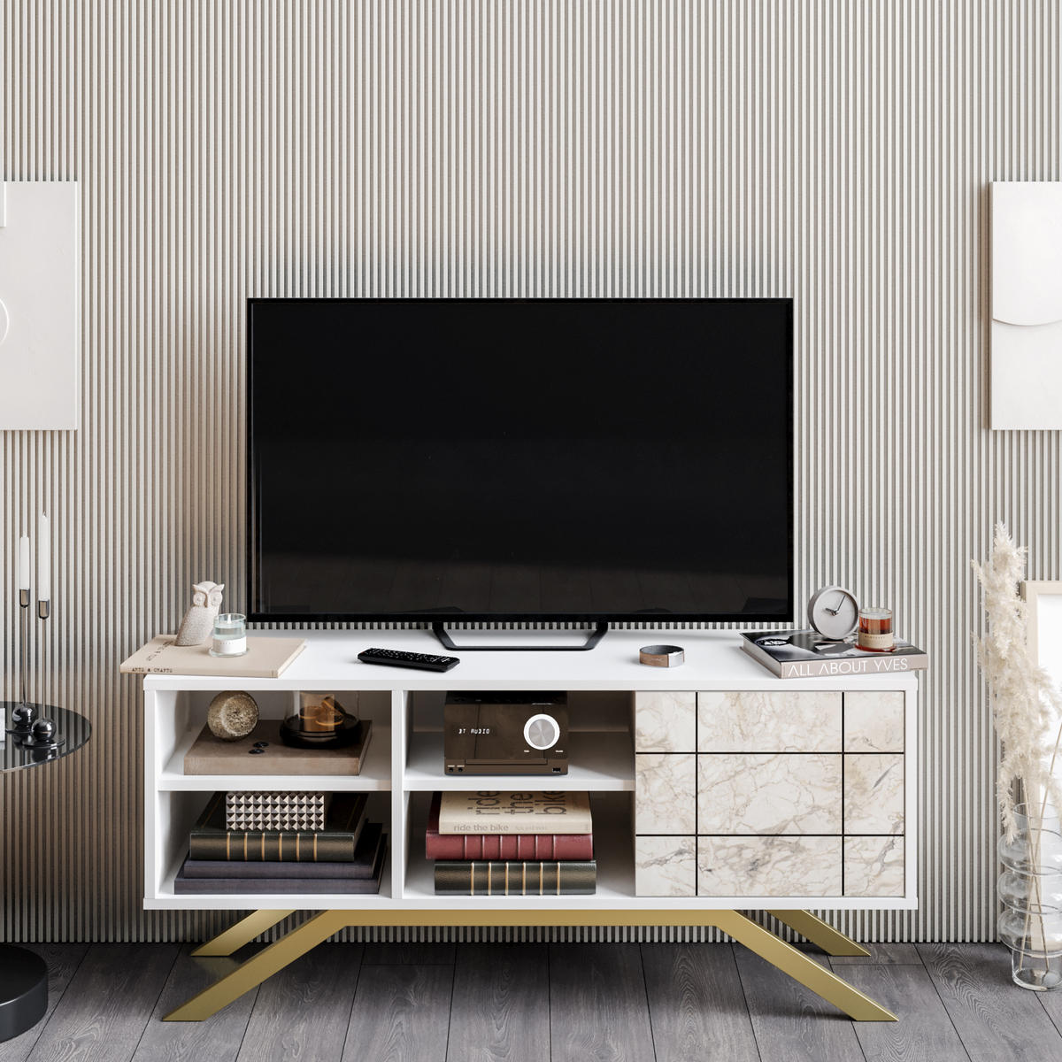 TV-ELEMENT North Weiß Marmor Decor Gold - Goldfarben/Weiß, Holzwerkstoff (130/58.6/38.6cm) - Decorotika