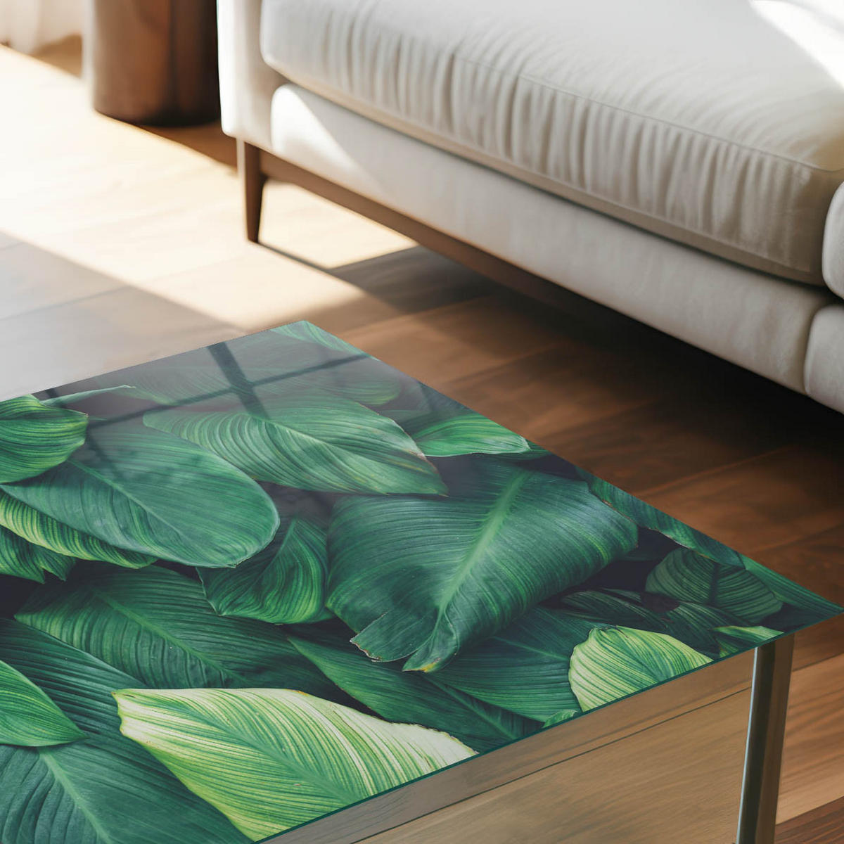 GLASPLATTE 80x60 cm – Grüne Blätter - Beige, Glas (0.4/80/60cm) - ArtPrintCave