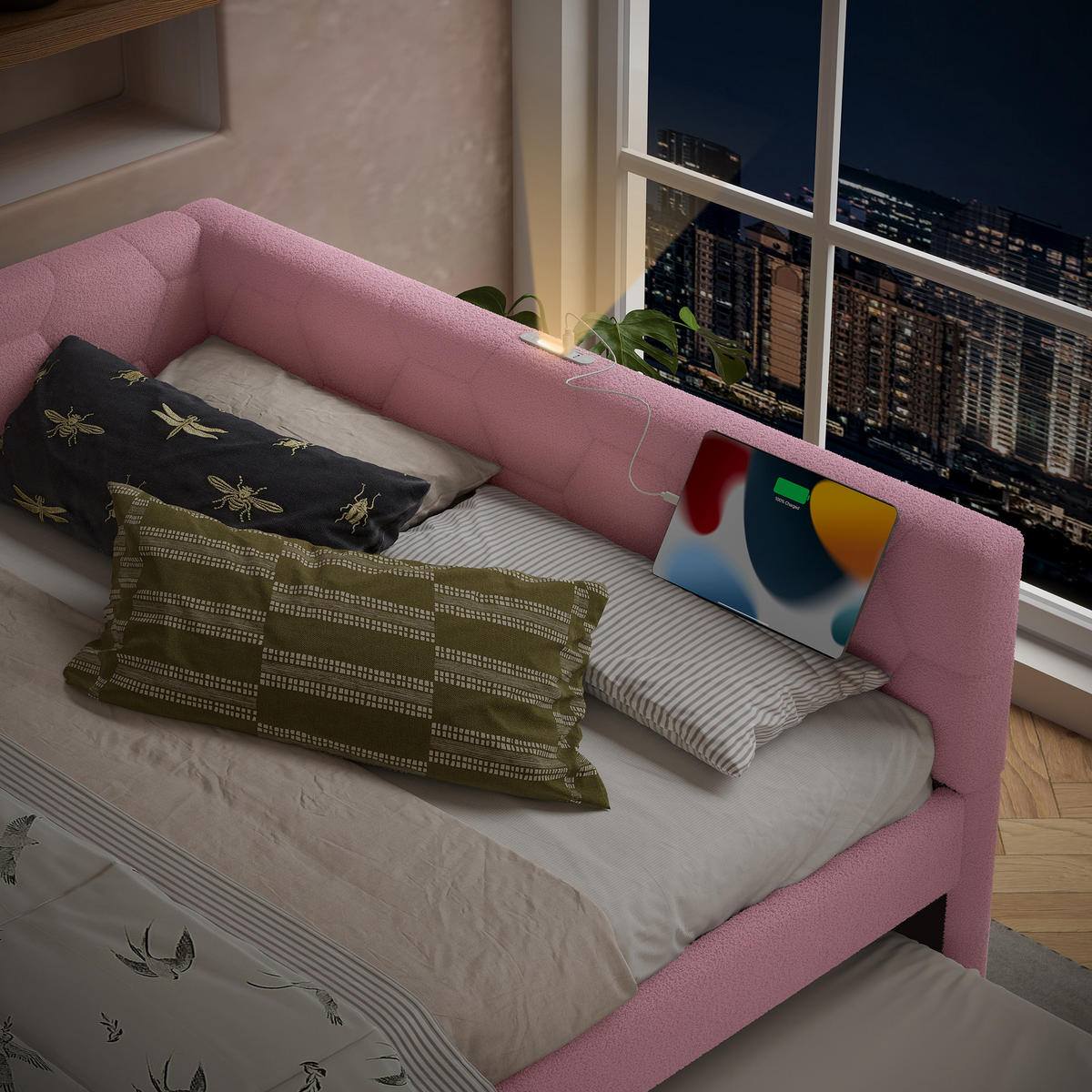 TAGEBETT 140x200cm Rosa Vliesimitat Nachttischlampe Ausziehbett USB-C - Pink, Holz (140/200cm) - FLIEKS