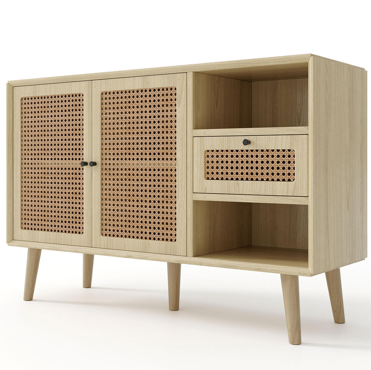 SIDEBOARD 120/40/80 cm in Eiche mit Rattangeflecht, 1 Schublade und 2 Türen - Eichefarben, Holzwerkstoff (120/80/40cm) - Flora Grace