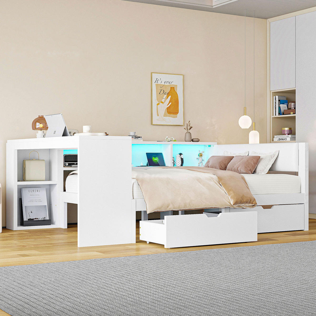 KREVET 140/200 cm sa spremištem, ladicama, USB priključkom i LED osvjetljenjem, Bijela - bijela, drvni materijal (140/200cm) - Redom