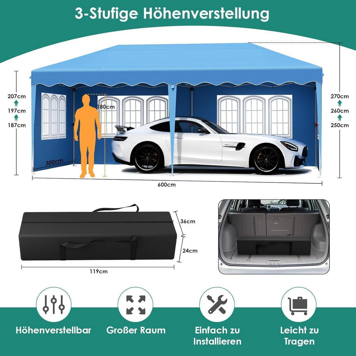 FALTPAVILLON 3x6 m mit 4 Seitenteilen und 6 Sandsäcken, wasserdicht, UV-Schutz 50+ - Blau, Textil (300/270/600cm)
