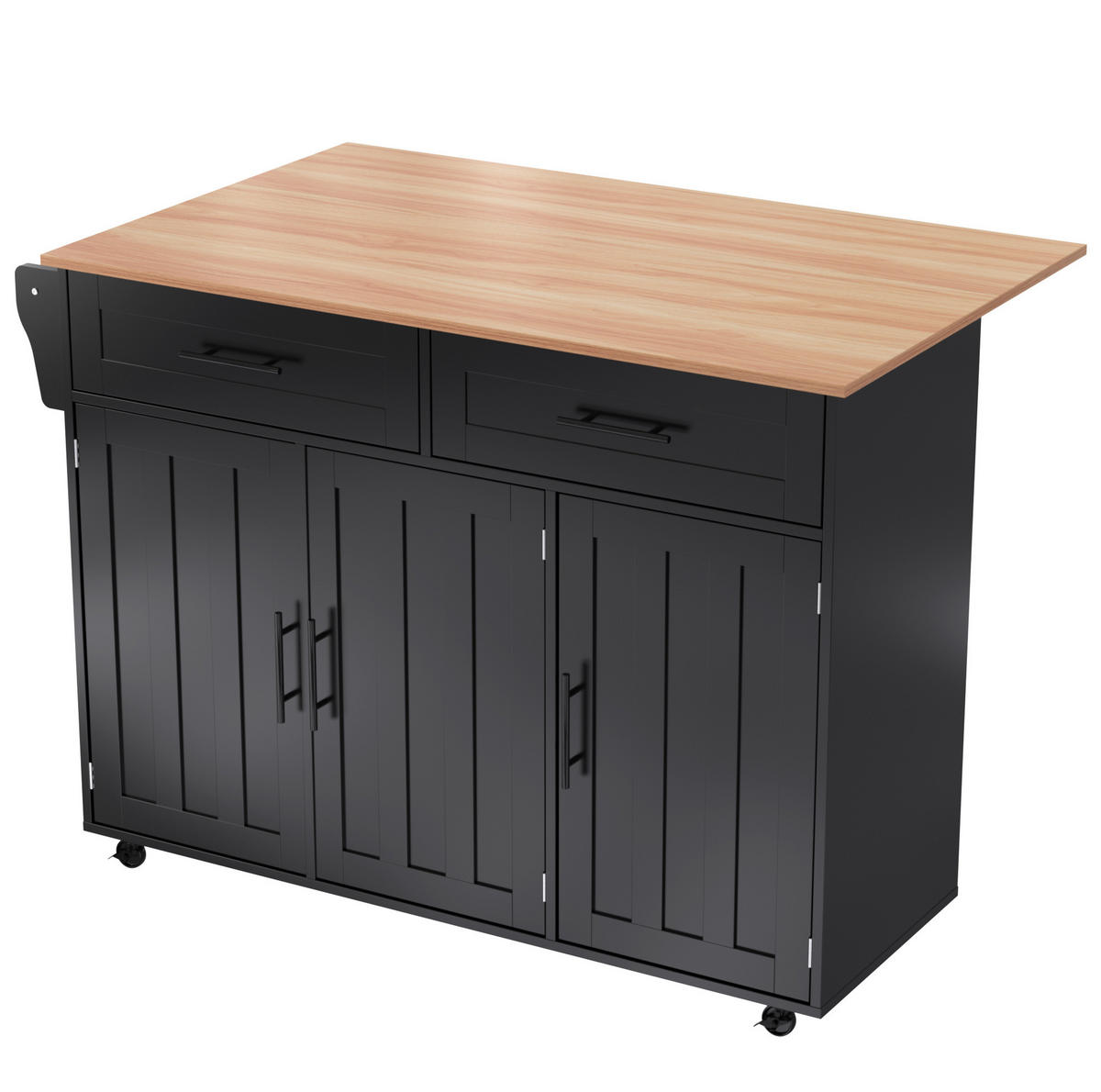 KÜCHENINSEL 129/46(71)/91,5 cm mit klappbarer Arbeitsplatte, Schubladen und Rollen, Schwarz/Natur - Schwarz, Holzwerkstoff (129/91.5/71cm) - Redom