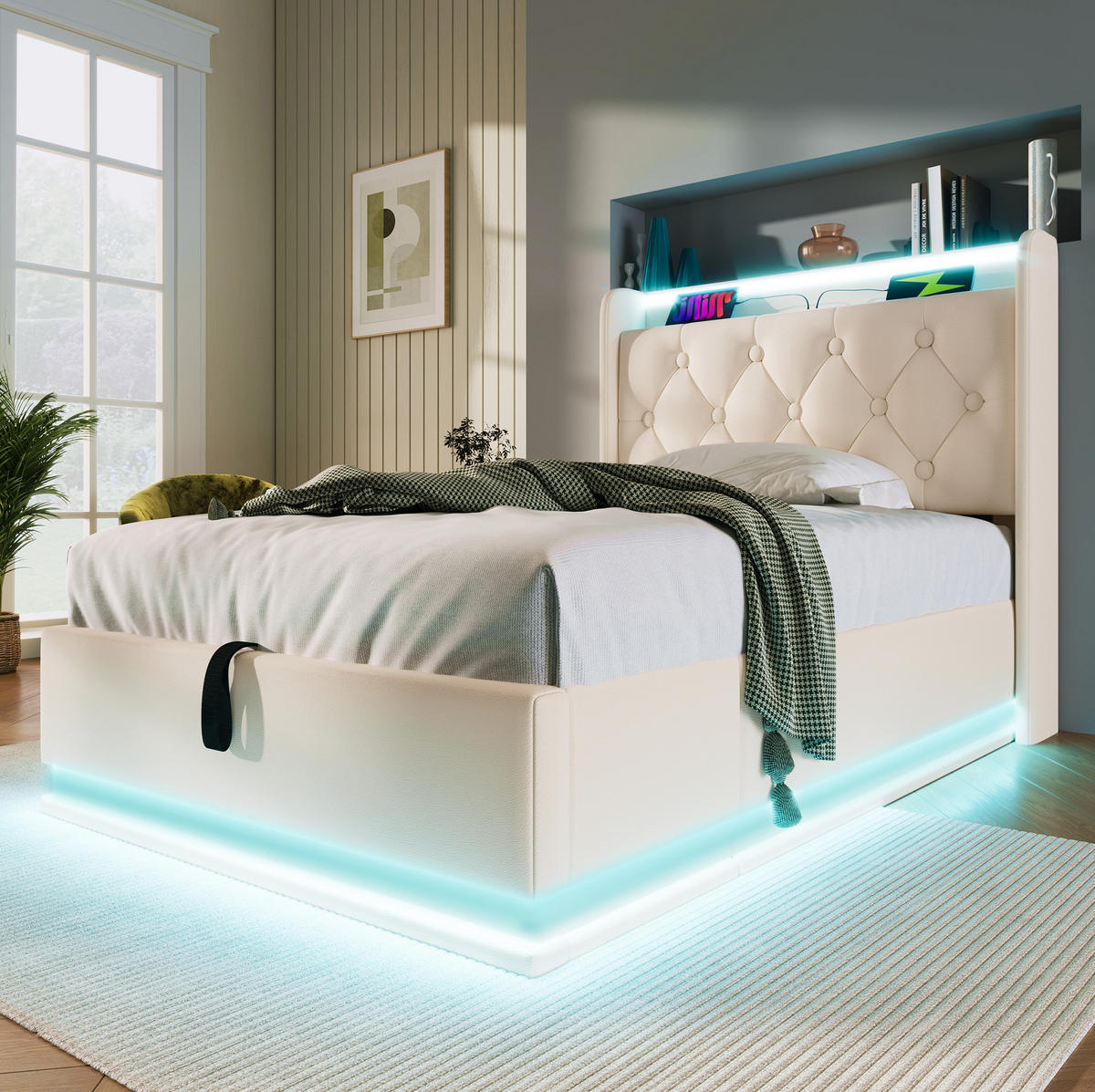 POLSTERBETT mit LED-Beleuchtung 90/200 cm mit Bettkasten und USB in Weiß - Weiß, Kunststoff (90/200cm) - BEAOK
