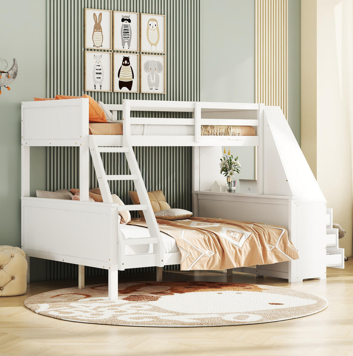 ETAGENBETT 90/200 + 140/200 cm Weiß mit Schreibtisch, Regal und Stauraum - Weiß, Holz (90/200cm) - Flora Grace