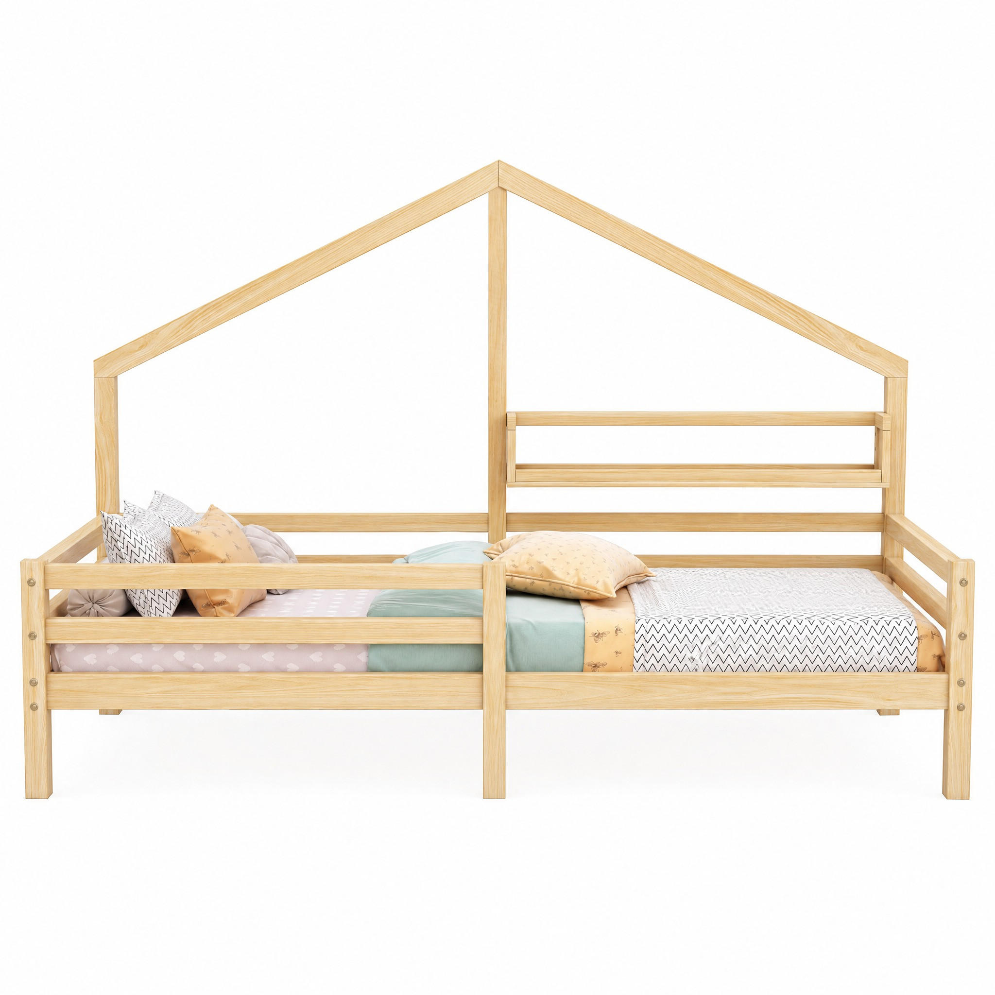 KINDERBETT im Hausdesign mit Regal 90x200 cm Kiefer Natur - Braun, Holz (90/200cm) - Meubliv