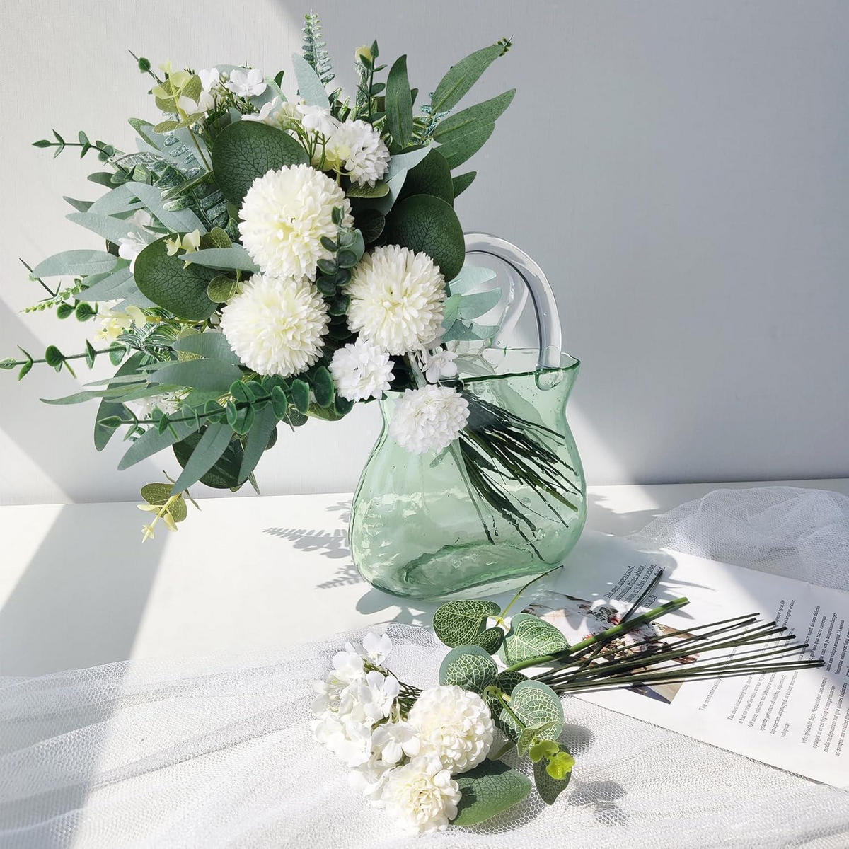 KÜNSTLICHE Blumen & Zweige 55 Stück Set Weiß und Grün - Multicolor, Kunststoff (40cm)